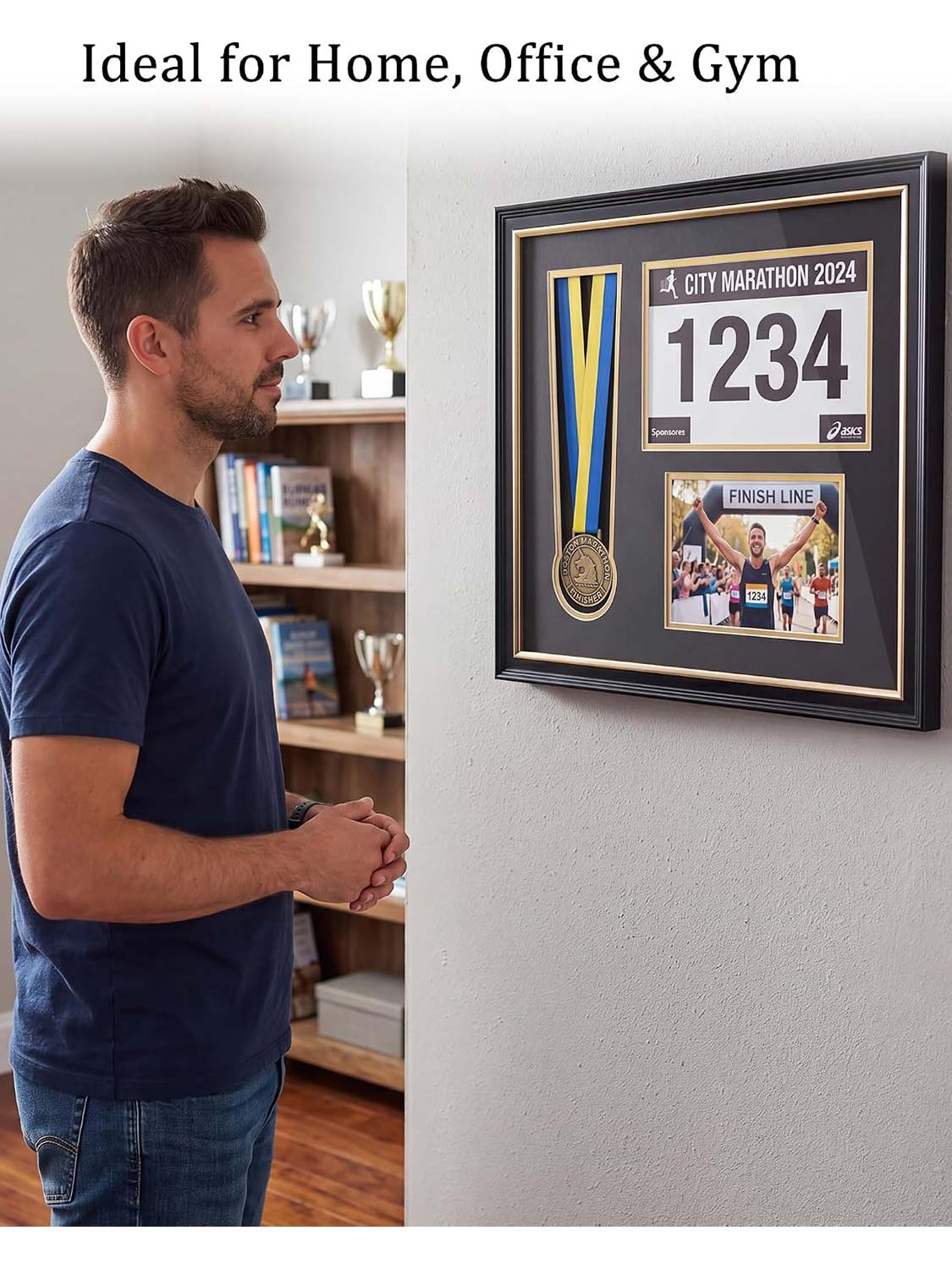 Black Wood 3-in-1 Medal Display Case fits 5x7 photo, 9x6 race bib & heavy medals - 2 Styles Available
