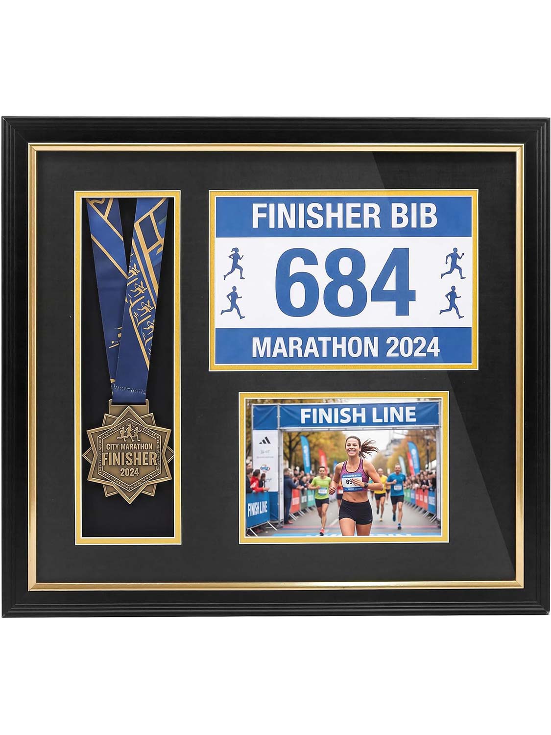 Black Wood 3-in-1 Medal Display Case fits 5x7 photo, 9x6 race bib & heavy medals - 2 Styles Available