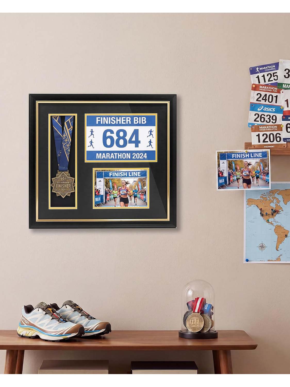 Black Wood 3-in-1 Medal Display Case fits 5x7 photo, 9x6 race bib & heavy medals - 2 Styles Available