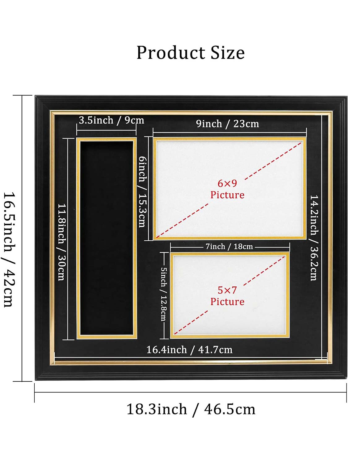 Black Wood 3-in-1 Medal Display Case fits 5x7 photo, 9x6 race bib & heavy medals - 2 Styles Available