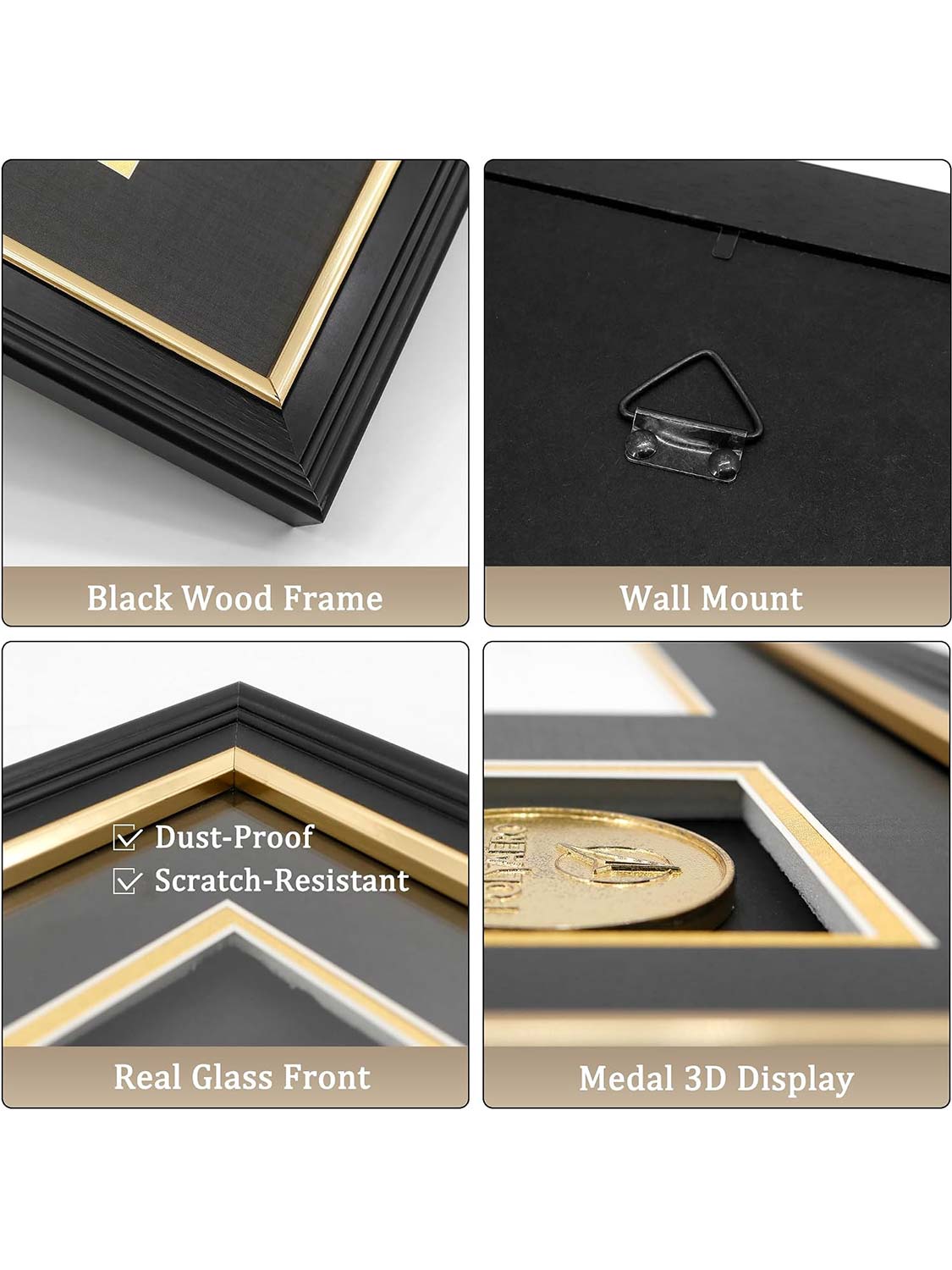 Black Wood 3-in-1 Medal Display Case fits 5x7 photo, 9x6 race bib & heavy medals - 2 Styles Available