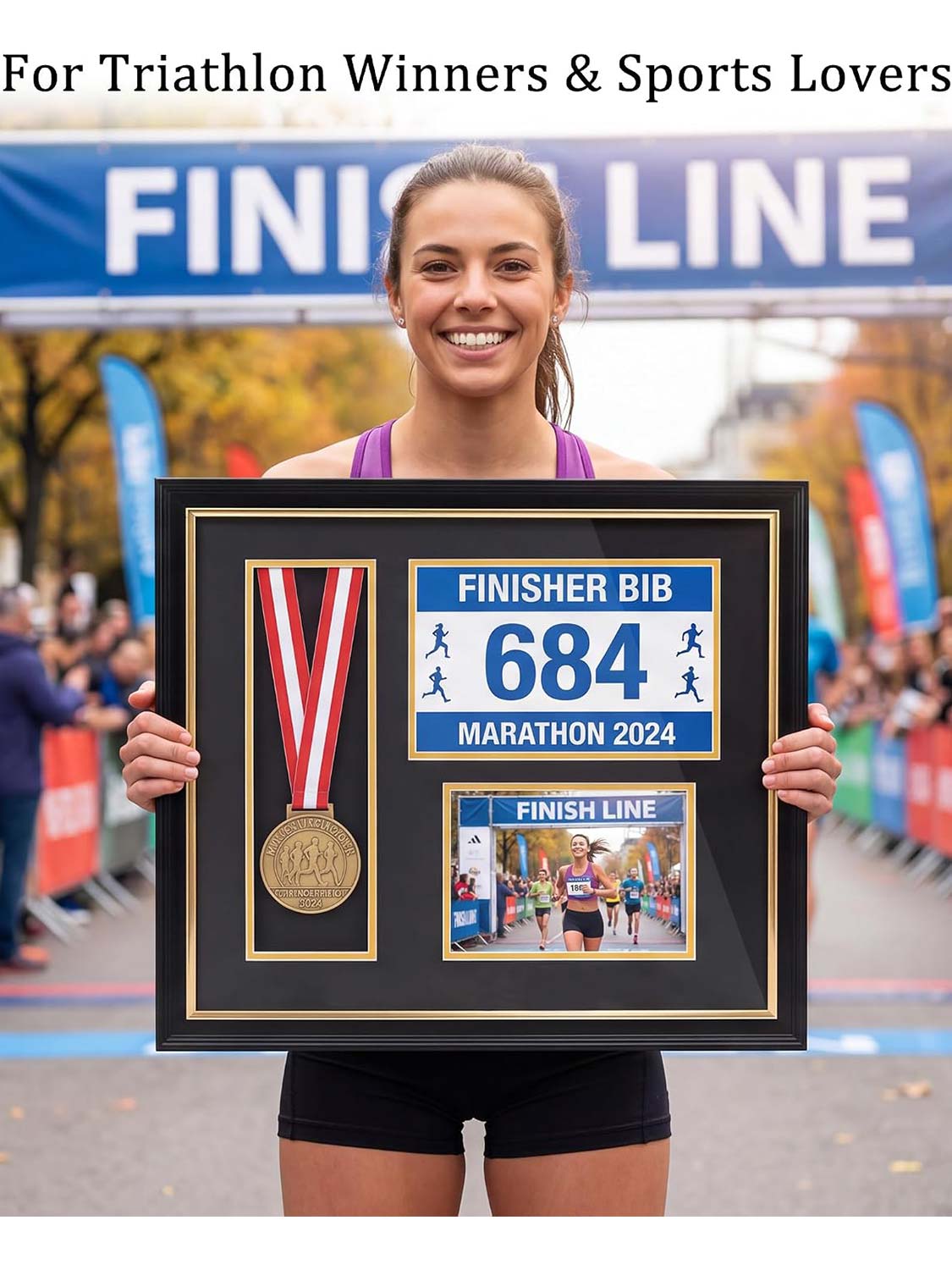 Black Wood 3-in-1 Medal Display Case fits 5x7 photo, 9x6 race bib & heavy medals - 2 Styles Available