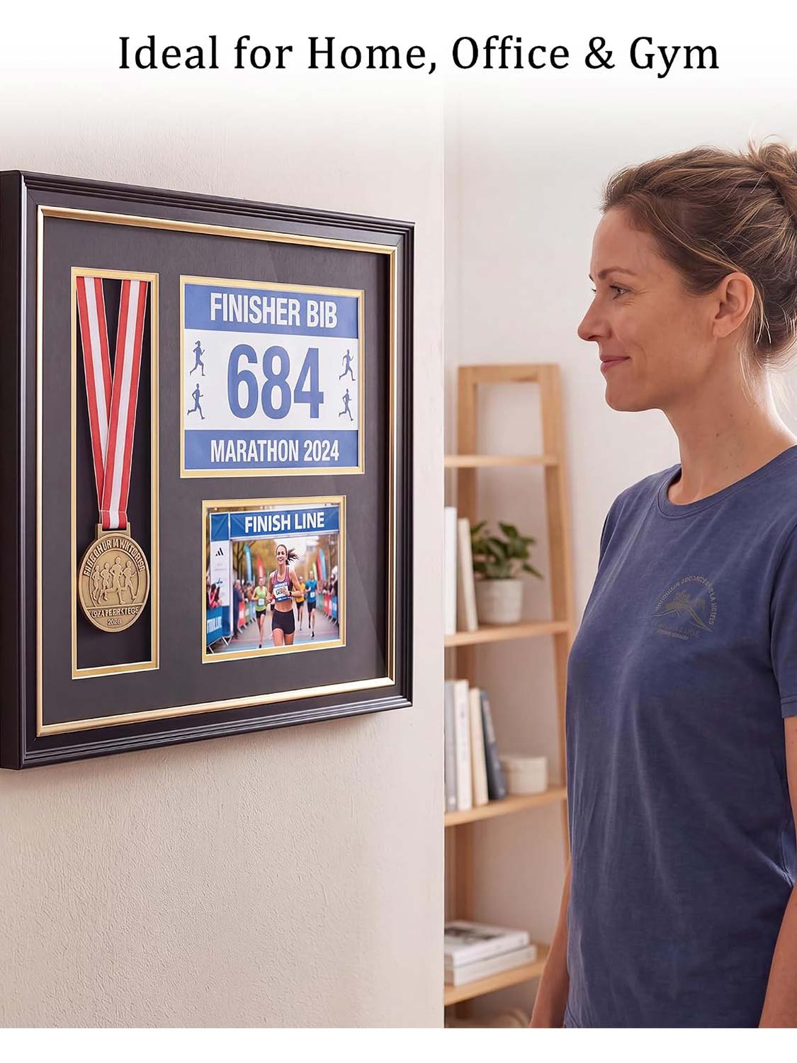 Black Wood 3-in-1 Medal Display Case fits 5x7 photo, 9x6 race bib & heavy medals - 2 Styles Available