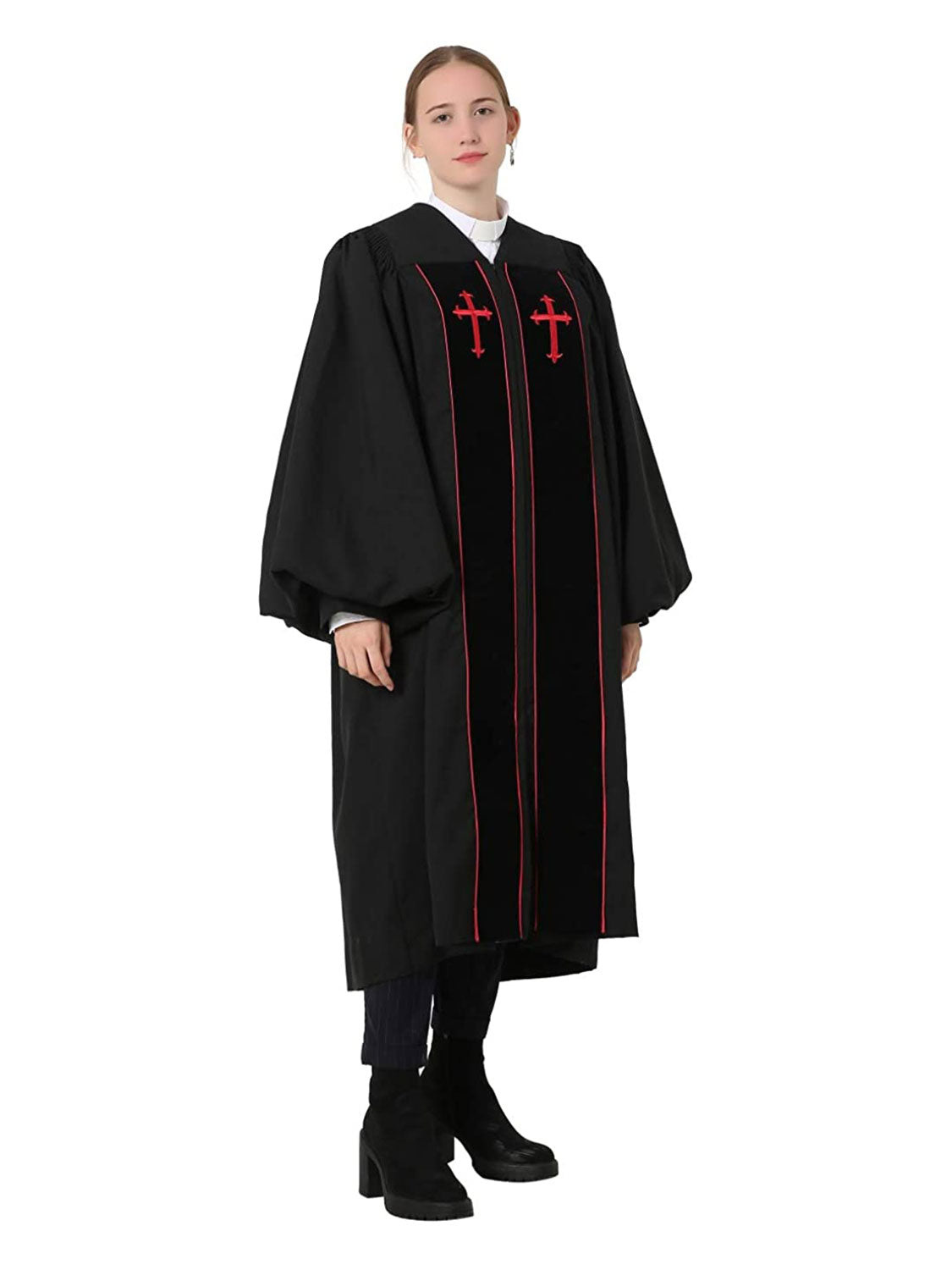 Unisex Black Puplit Clergy Robe with Red Embroidered Cross