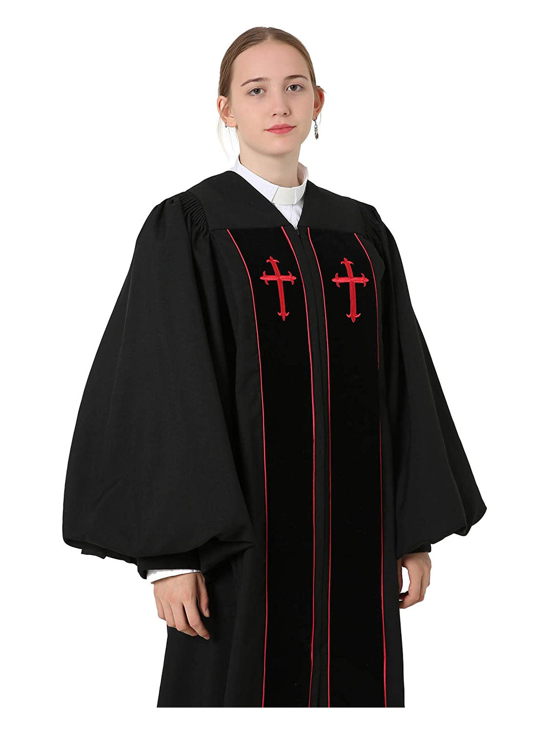 Unisex Black Puplit Clergy Robe with Red Embroidered Cross