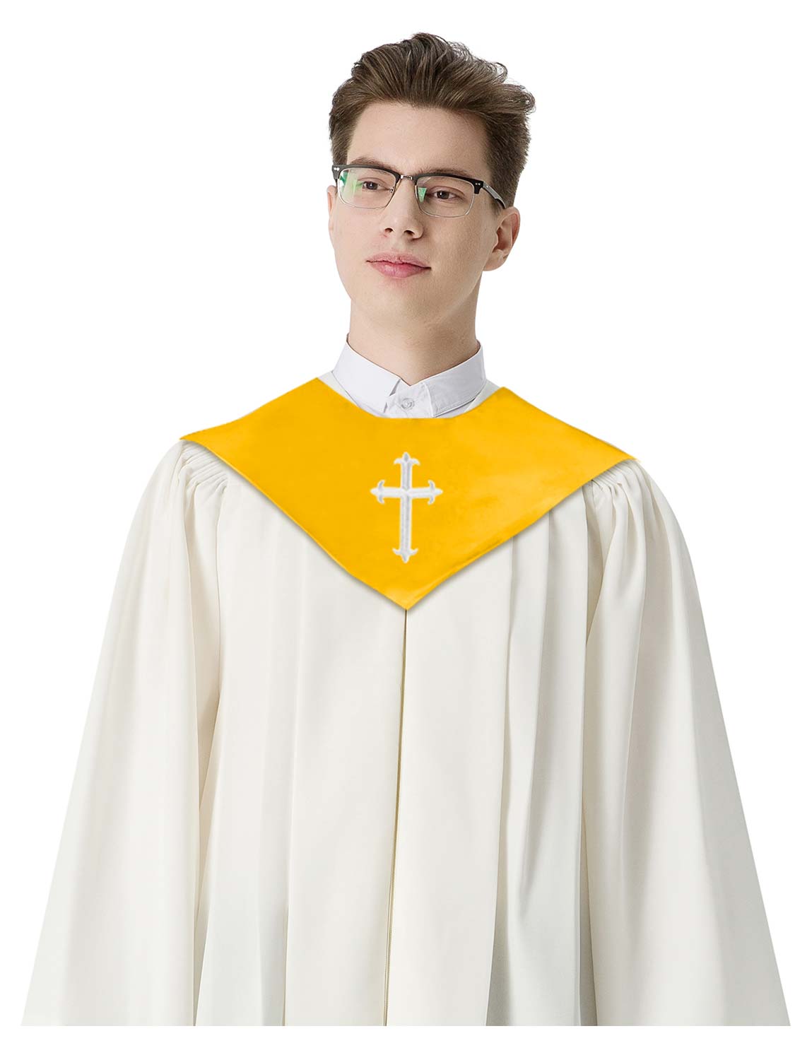 Unisex V Shape Satin Choir Stole Embroidered with Cross for Adults