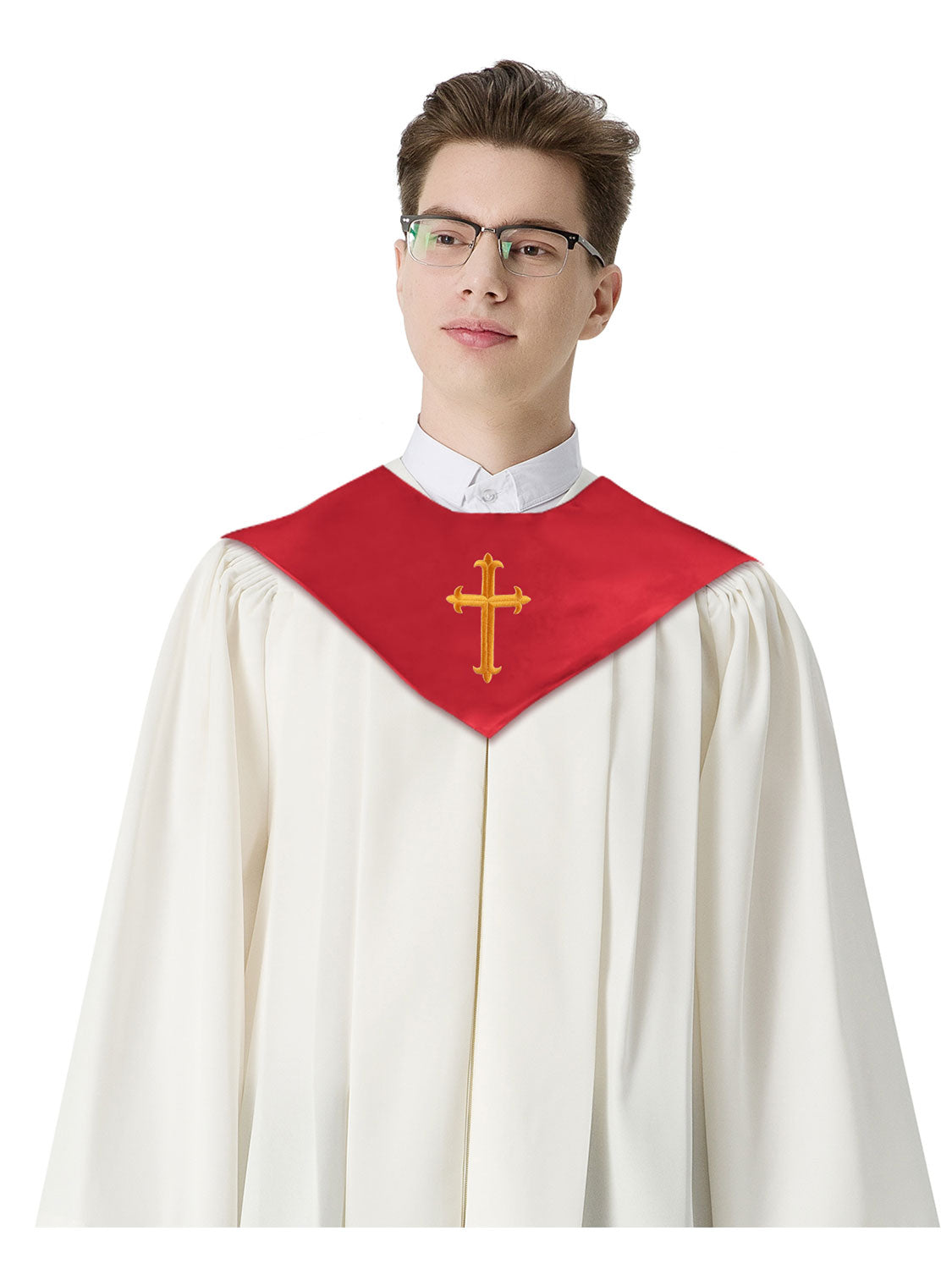 Unisex V Shape Satin Choir Stole Embroidered with Cross for Adults