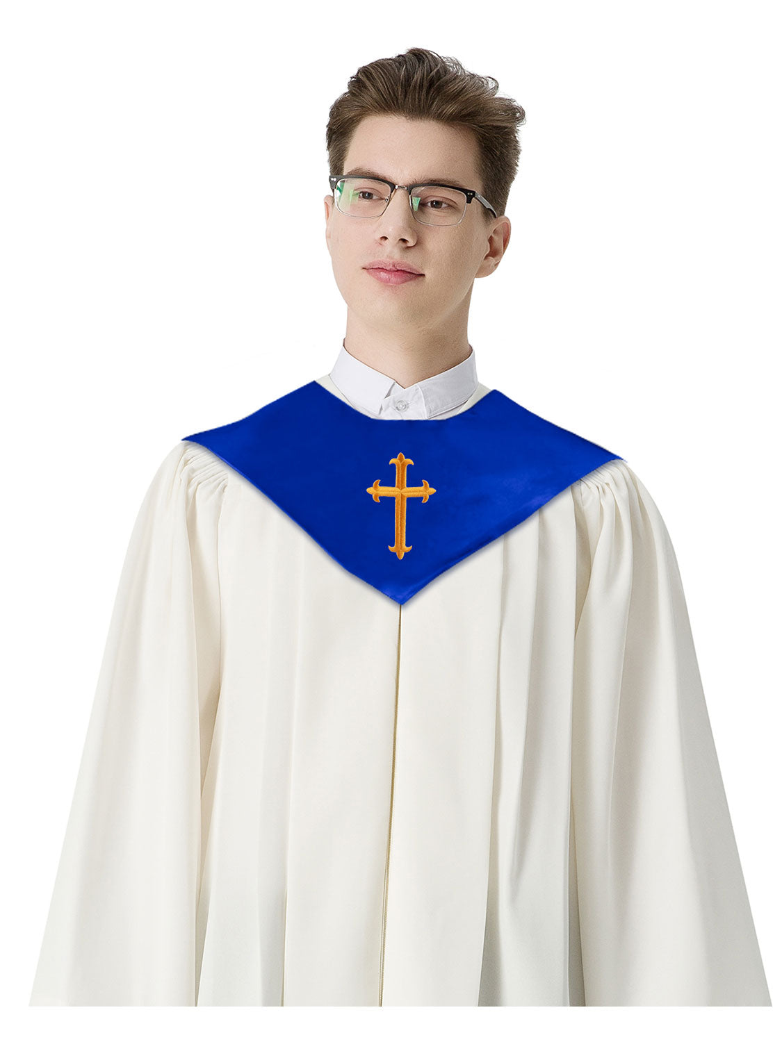 Unisex V Shape Satin Choir Stole Embroidered with Cross for Adults