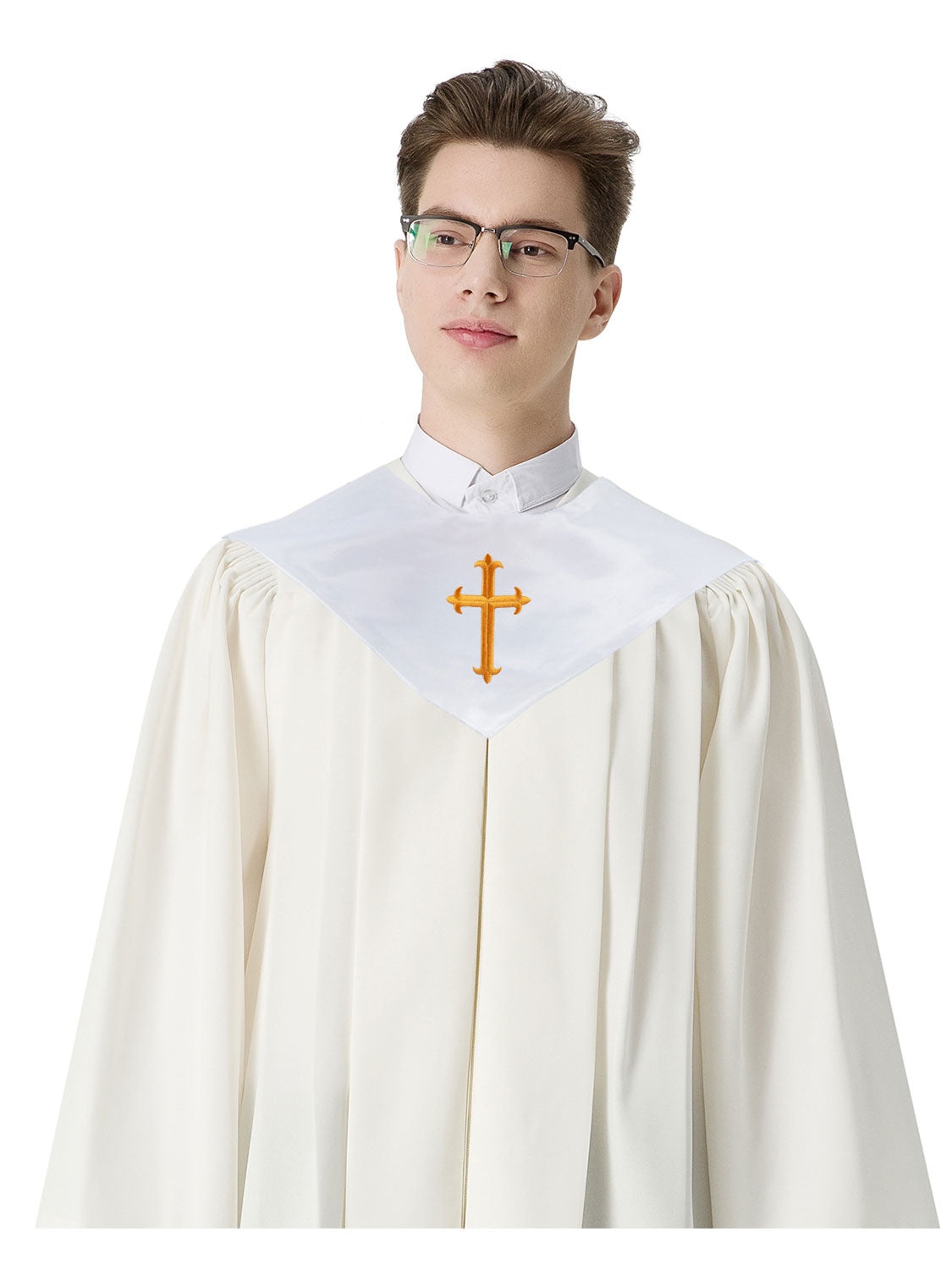 Unisex V Shape Satin Choir Stole Embroidered with Cross for Adults