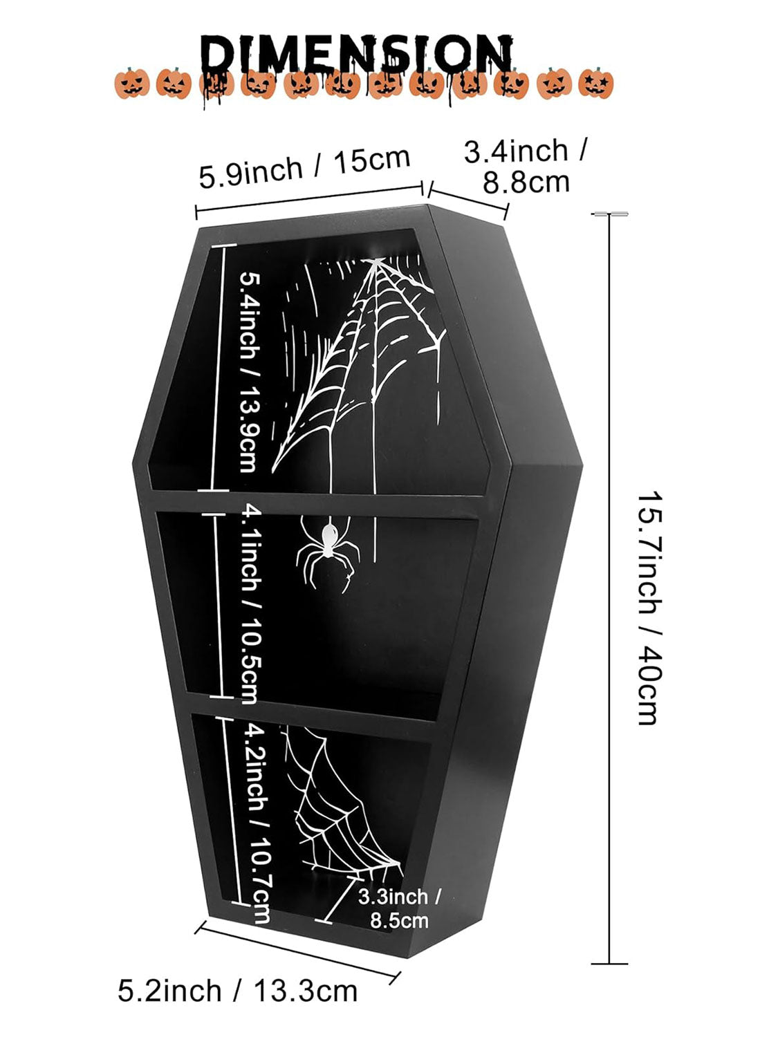 Spooky Wooden Goth Decor Black Coffin Shelf Shadow Box  for Halloween with 3 Styles Backboard