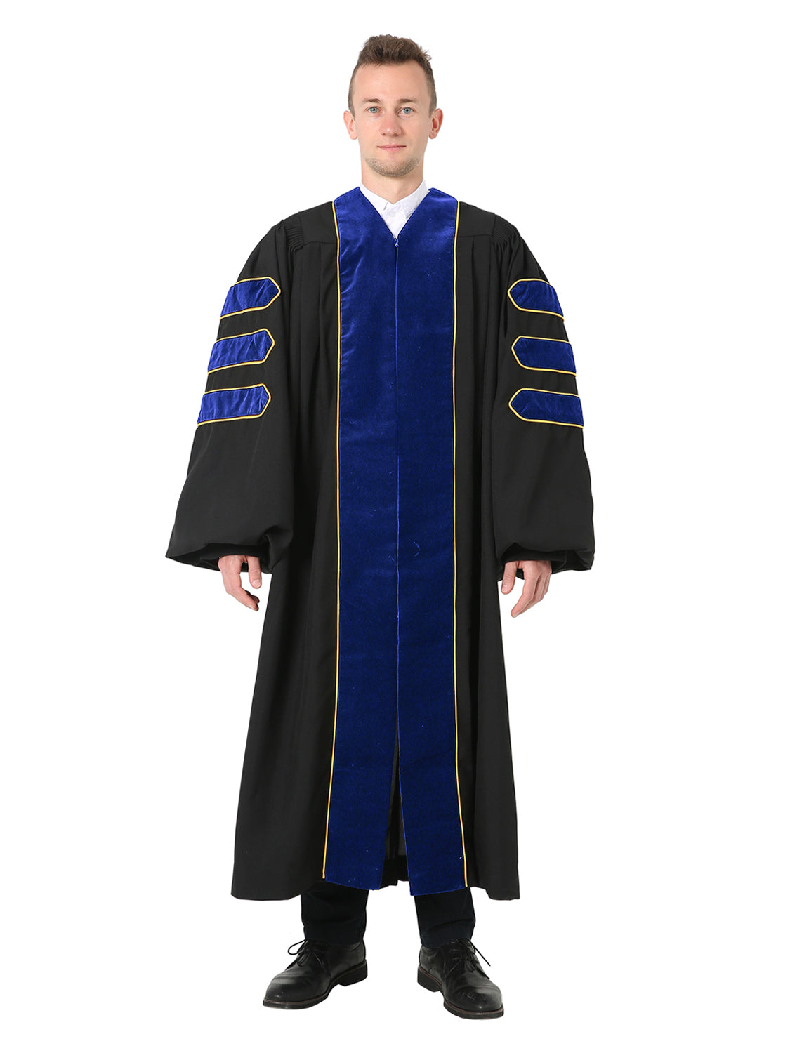 Deluxe Doctoral Graduation Gown - Trimmed with Blue Velvet and Gold Piping