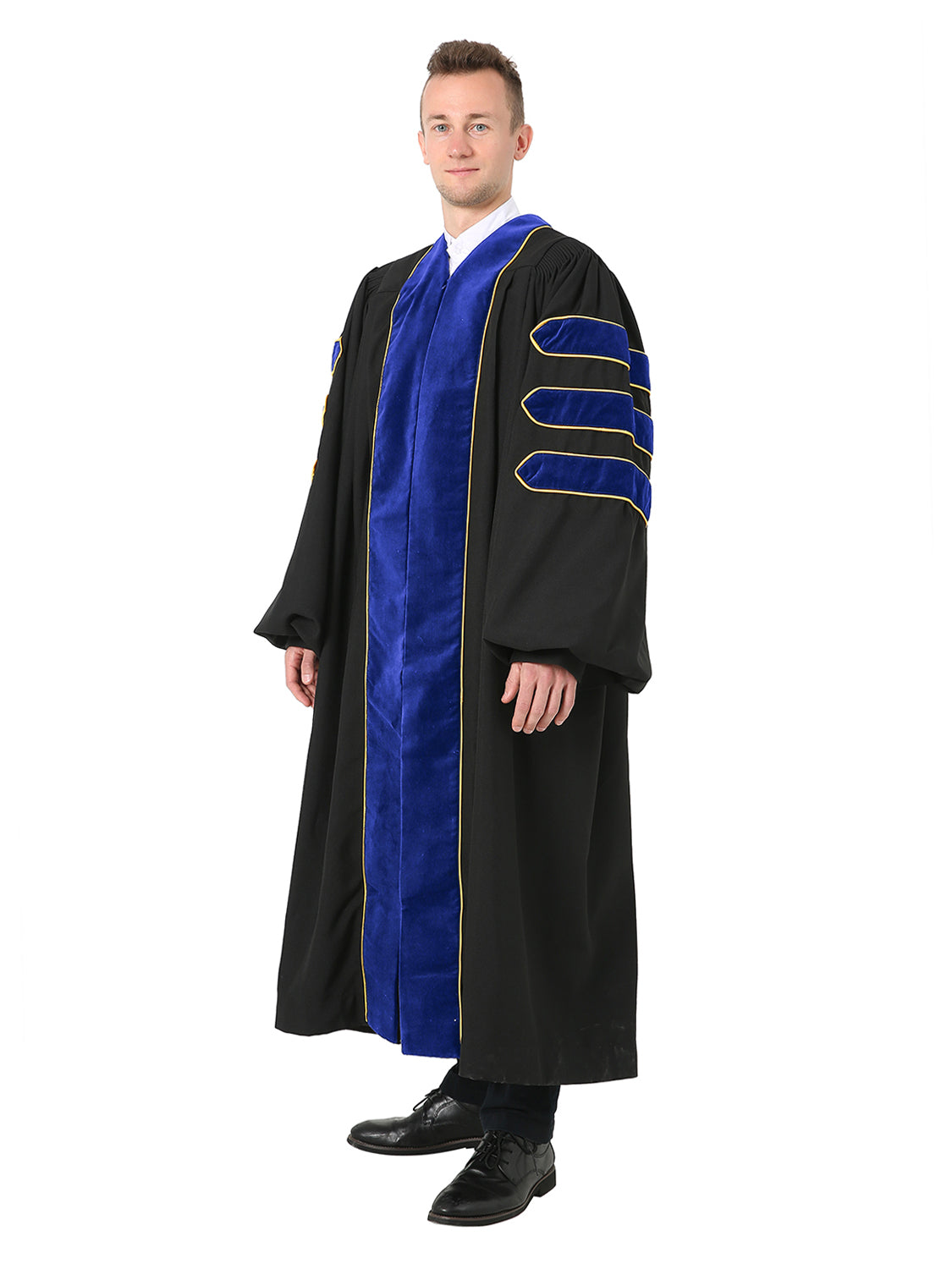 Deluxe Doctoral Graduation Gown - Trimmed with Blue Velvet and Gold Piping