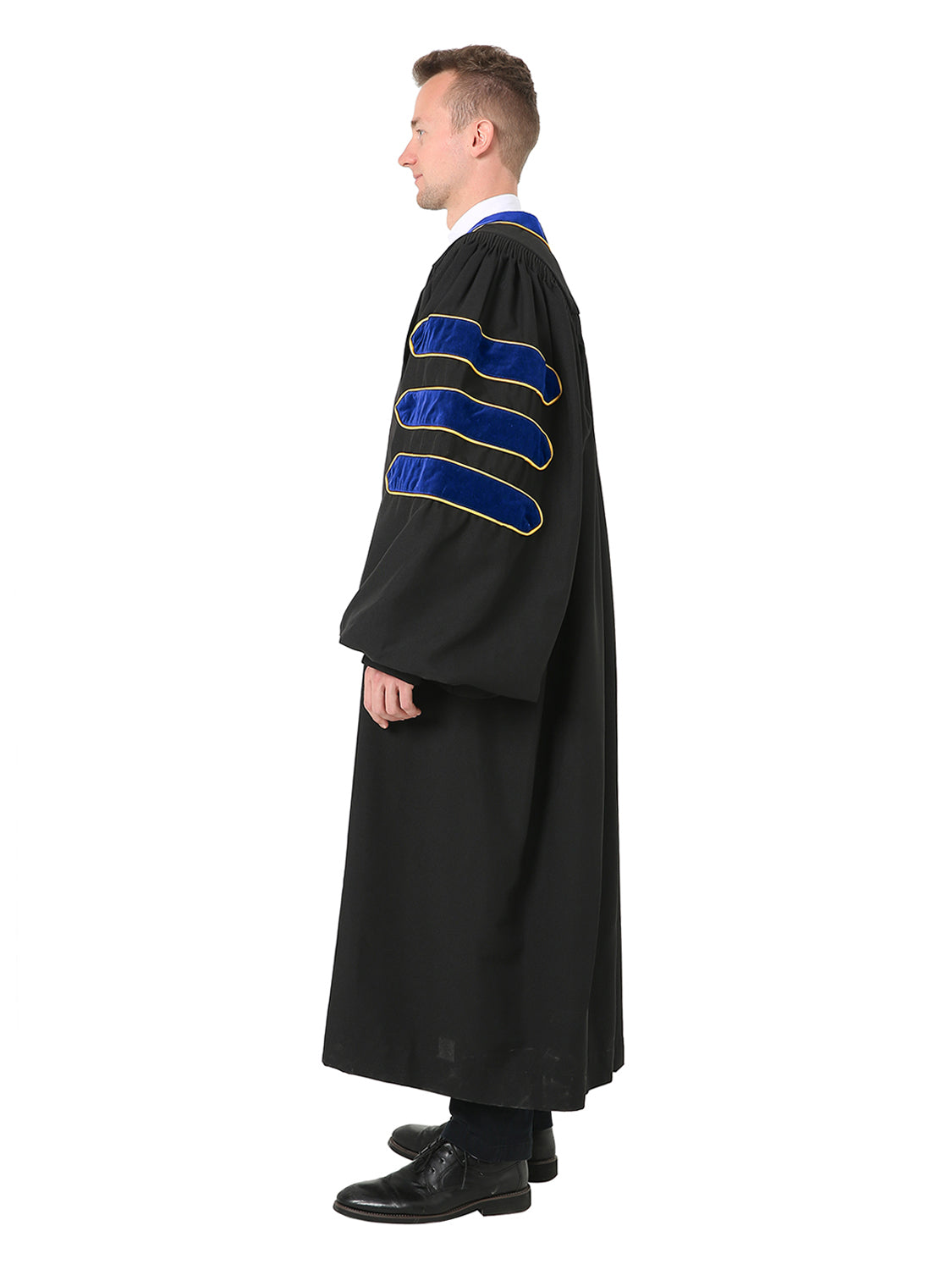 Deluxe Doctoral Graduation Gown - Trimmed with Blue Velvet and Gold Piping