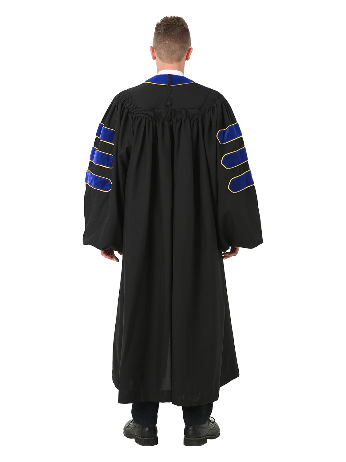 Deluxe Doctoral Graduation Gown - Trimmed with Blue Velvet and Gold Piping