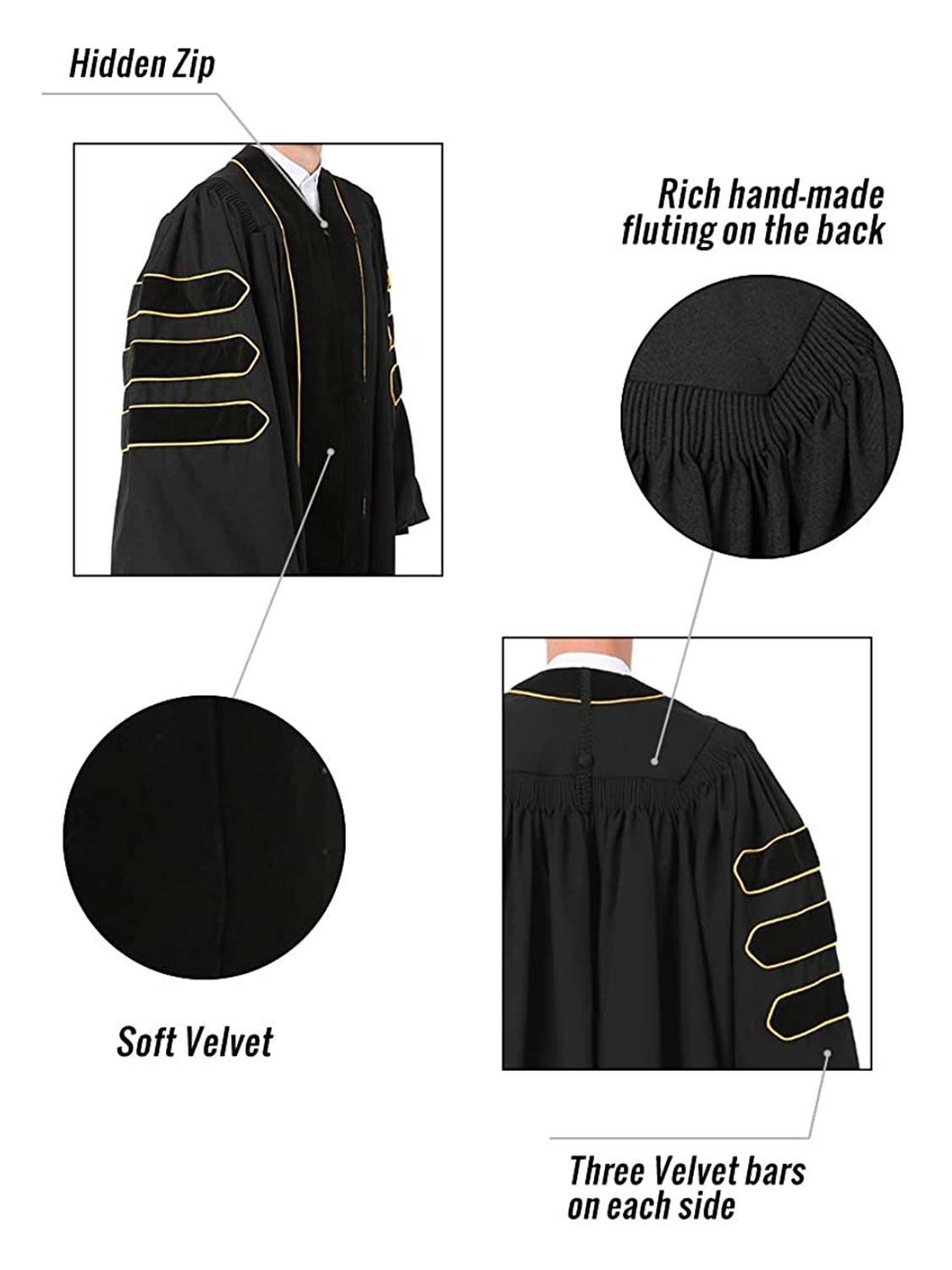 Deluxe Doctoral Graduation Gown - Trimmed with Blue Velvet and Gold Pi