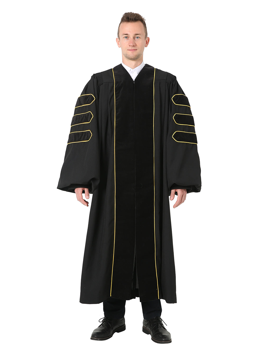 Deluxe Doctoral Graduation Gown - Trimmed with Black Velvet and Gold Piping