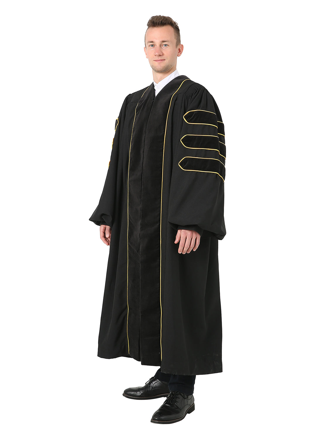 Deluxe Doctoral Graduation Gown - Trimmed with Black Velvet and Gold Piping