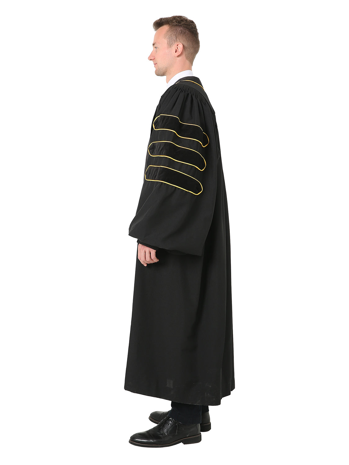 Deluxe Doctoral Graduation Gown - Trimmed with Black Velvet and Gold Piping