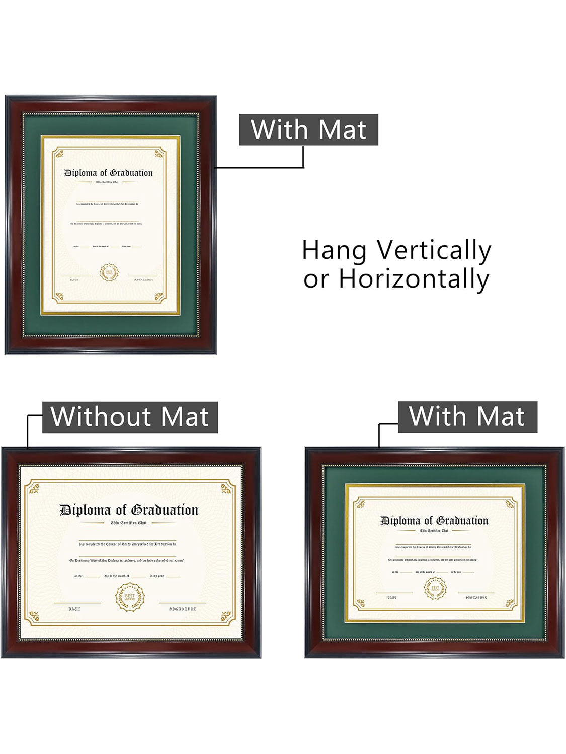 Mahogany Academic Certificate Diploma Frames - Various Sizes & Mat Colors Available