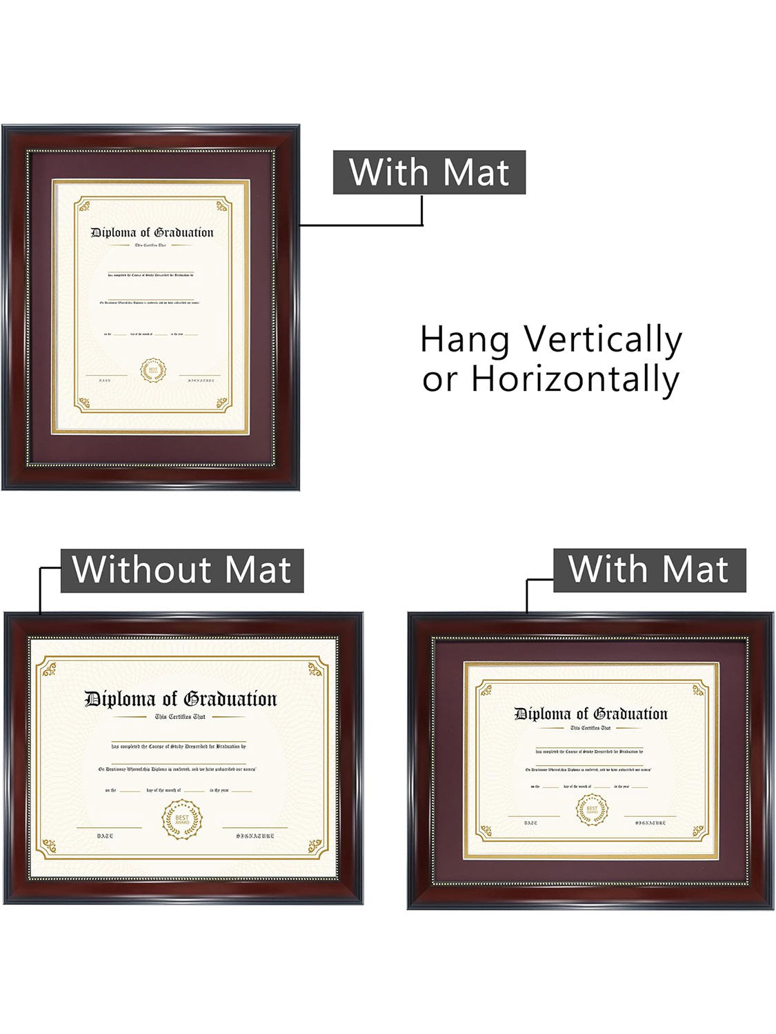 Mahogany Academic Certificate Diploma Frames - Various Sizes & Mat Colors Available