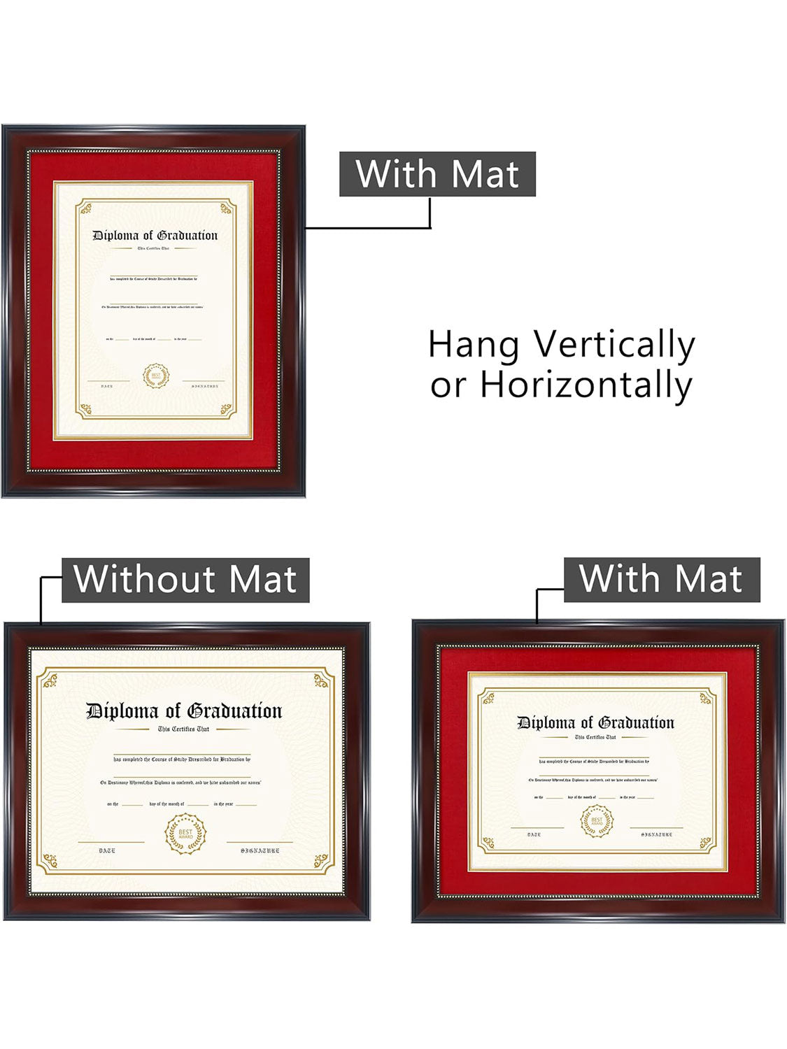 Mahogany Academic Certificate Diploma Frames - Various Sizes & Mat Colors Available