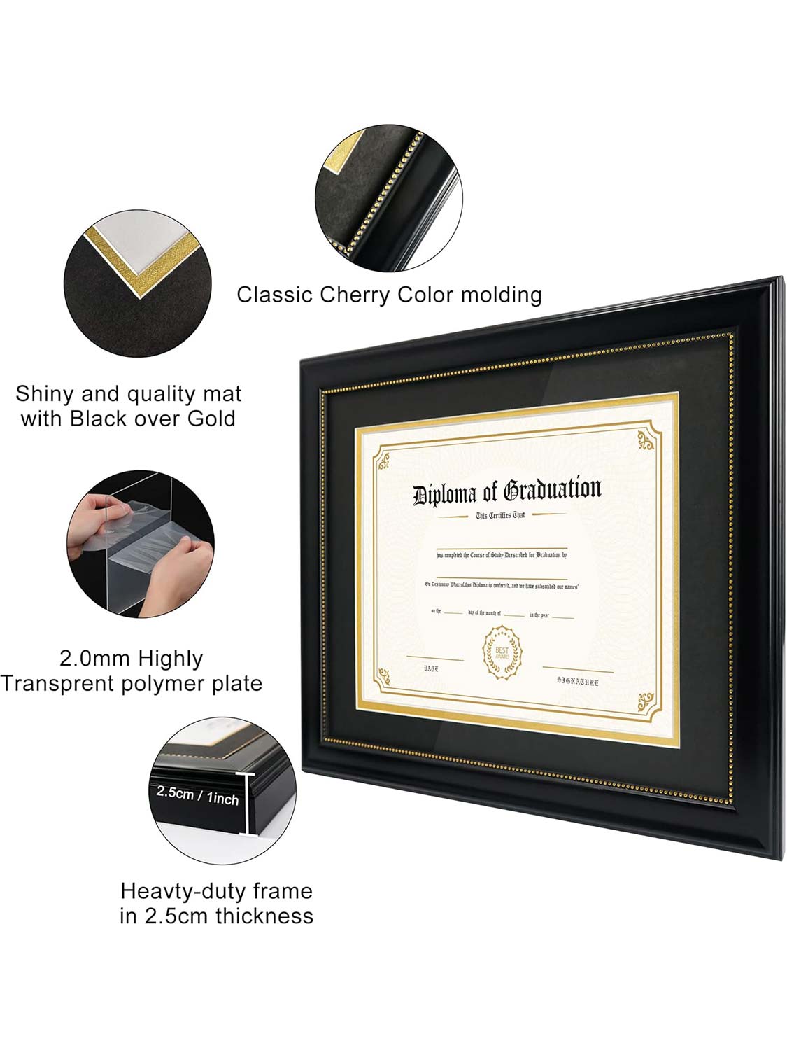 Black Academic Certificate Diploma Frames - Various Sizes & Mat Colors Available