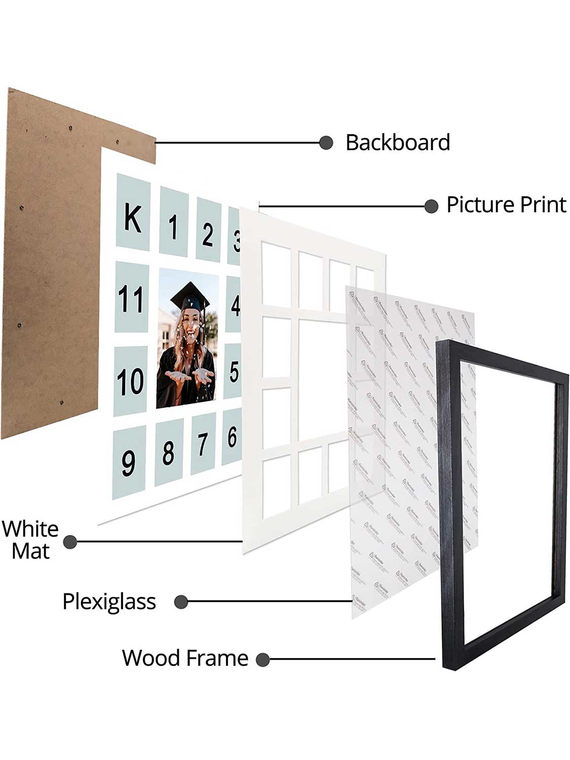 School Years K-12 Day Collage Wood with Double Mat Graduation Keepsake Photo Frames - 3 Colors Available