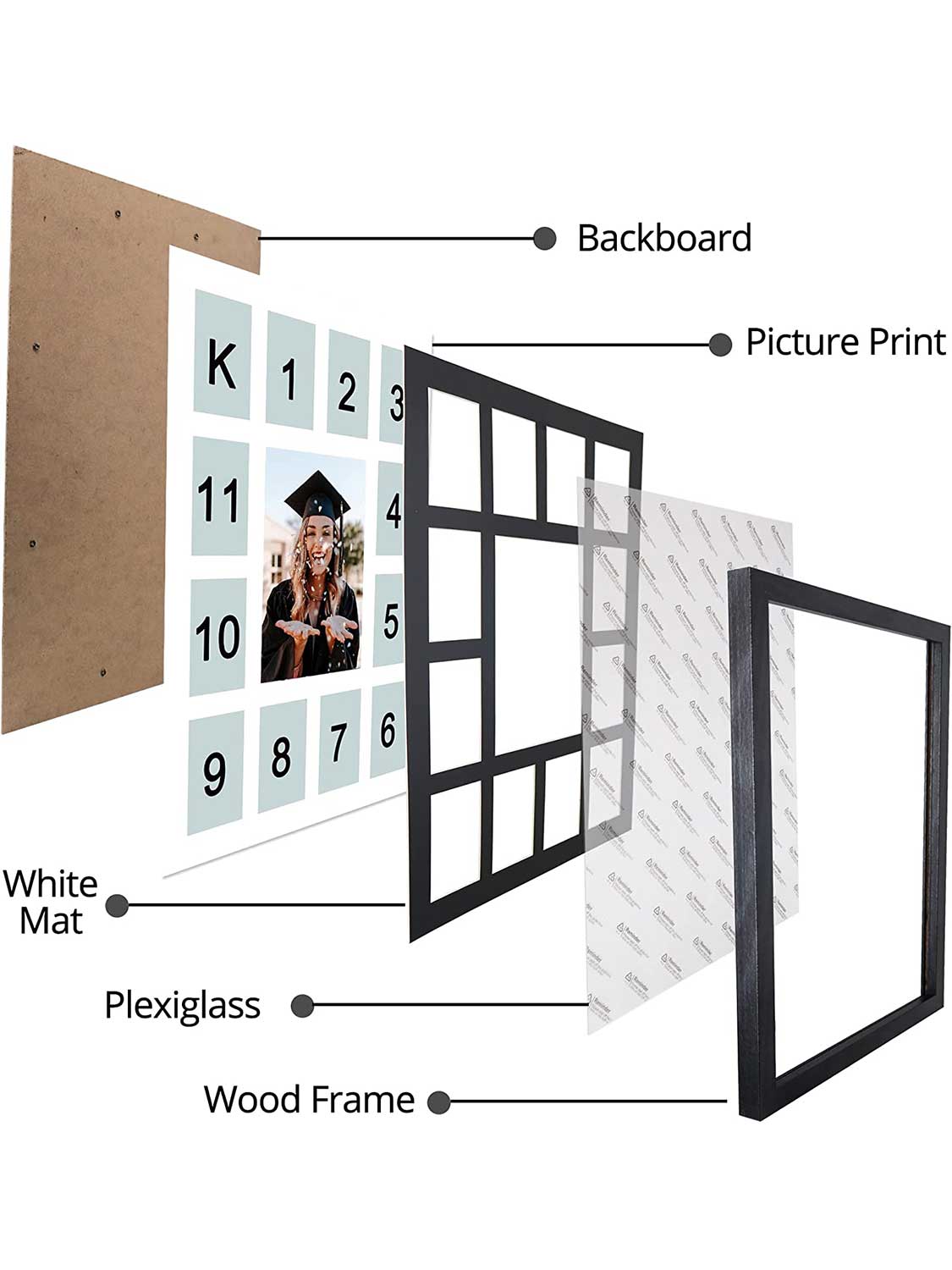 School Years K-12 Day Collage Wood with Double Mat Graduation Keepsake Photo Frames - 3 Colors Available