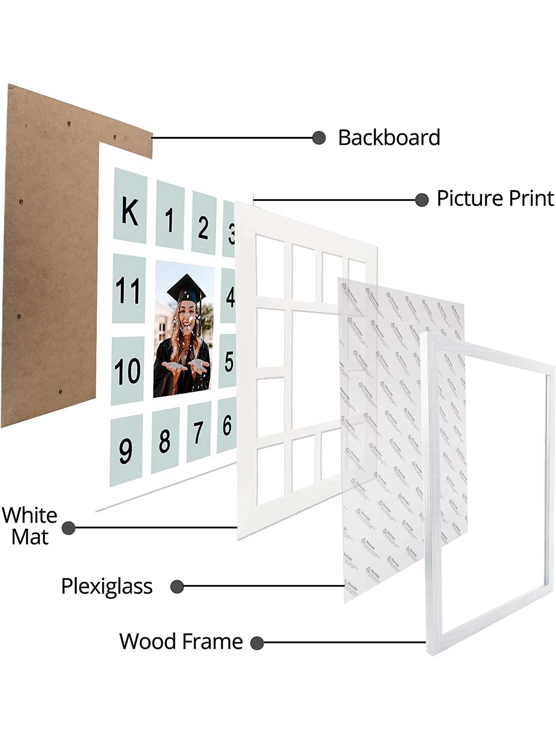 School Years K-12 Day Collage Wood with Double Mat Graduation Keepsake Photo Frames - 3 Colors Available