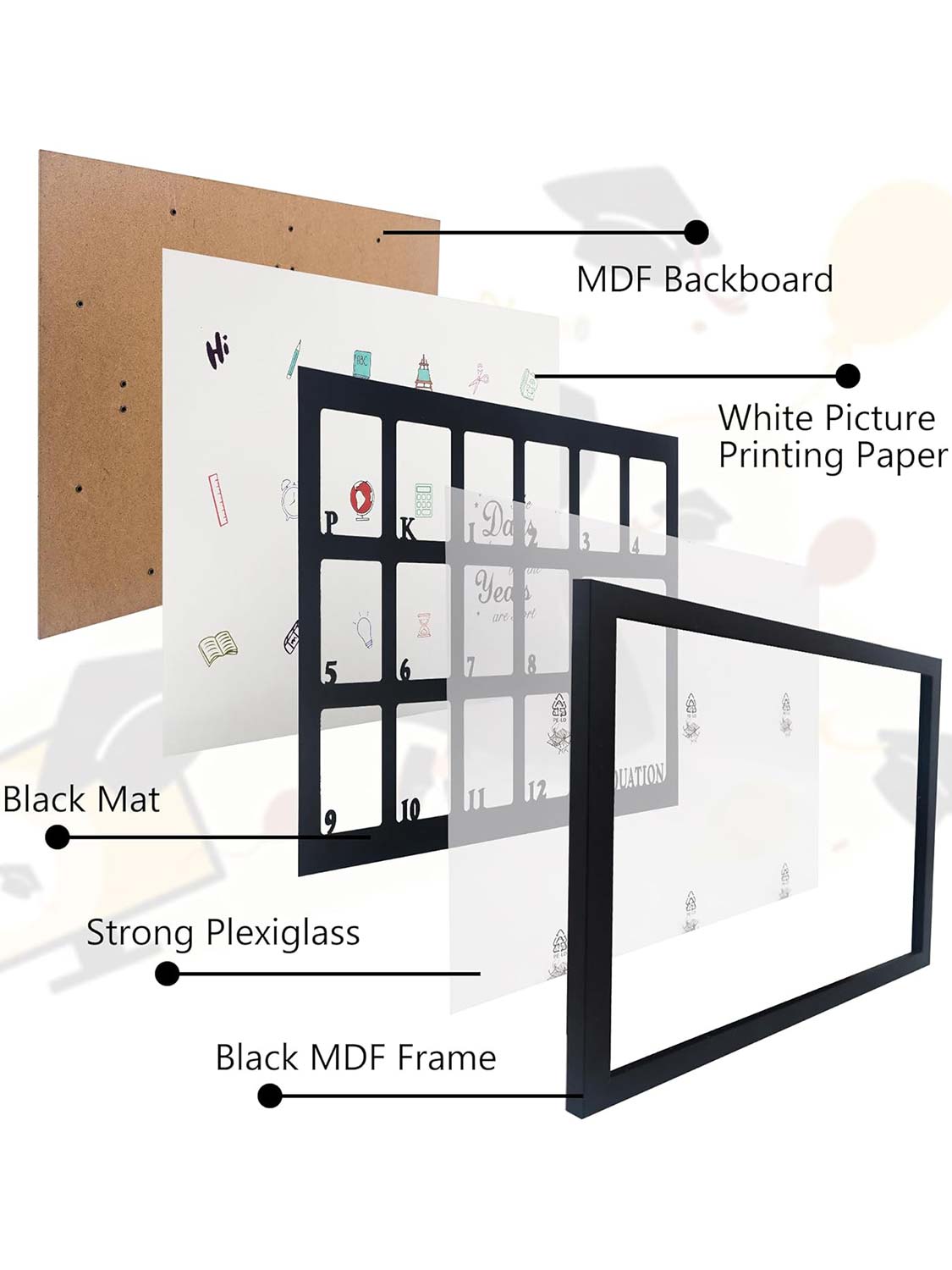 Black School Picture Frame for Pre-K to 12 Graduation Photo - 2 Sizes Available