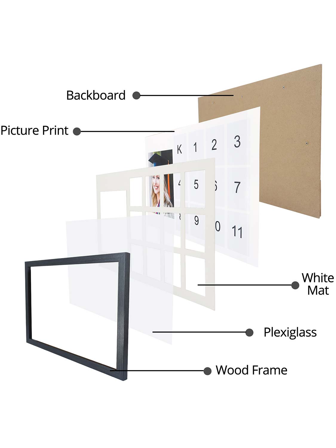 School Years K-12 Day Collage Wood with White Mat Graduation Keepsake Horizontal Photo Frames - 2 Colors Available