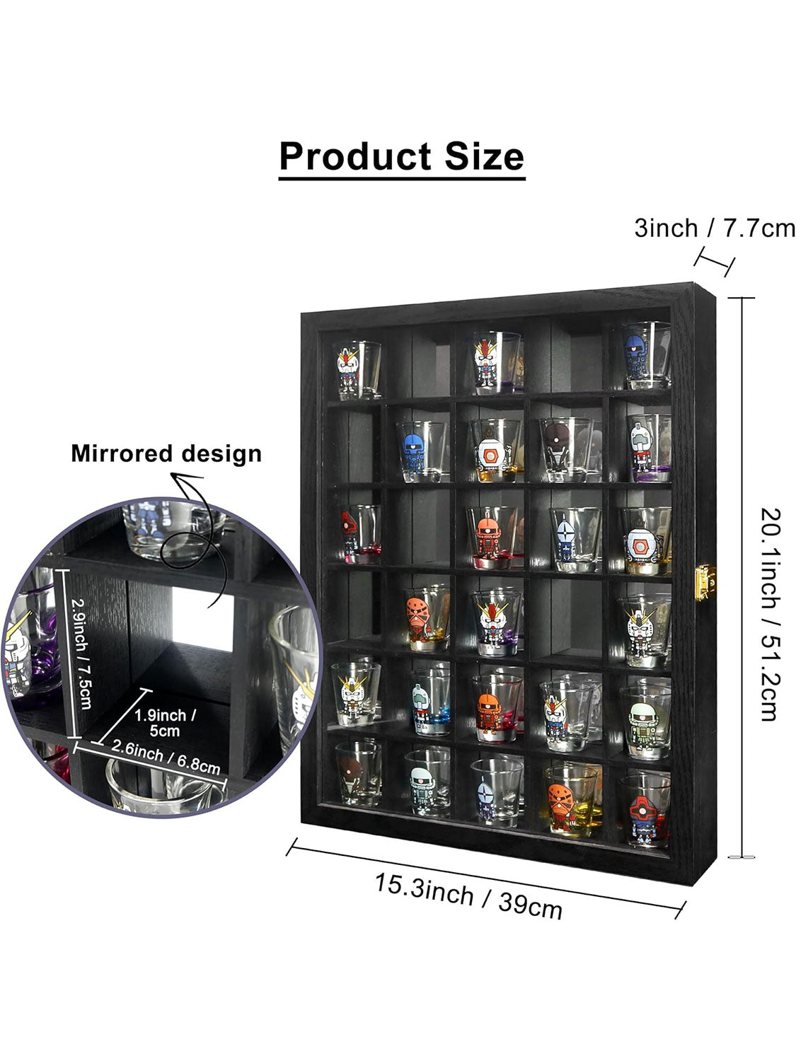 15.5*20 Black 30 Slots with Mirror Background Large Wooden Cabinet Rack Holder Wall Mounted Shadow Box