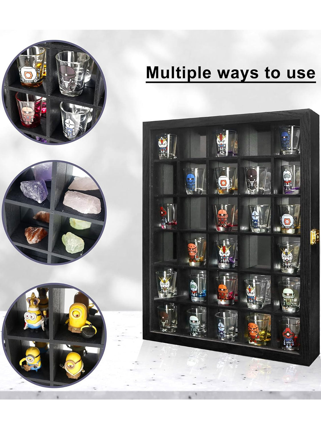 15.5*20 Black 30 Slots with Mirror Background Large Wooden Cabinet Rack Holder Wall Mounted Shadow Box