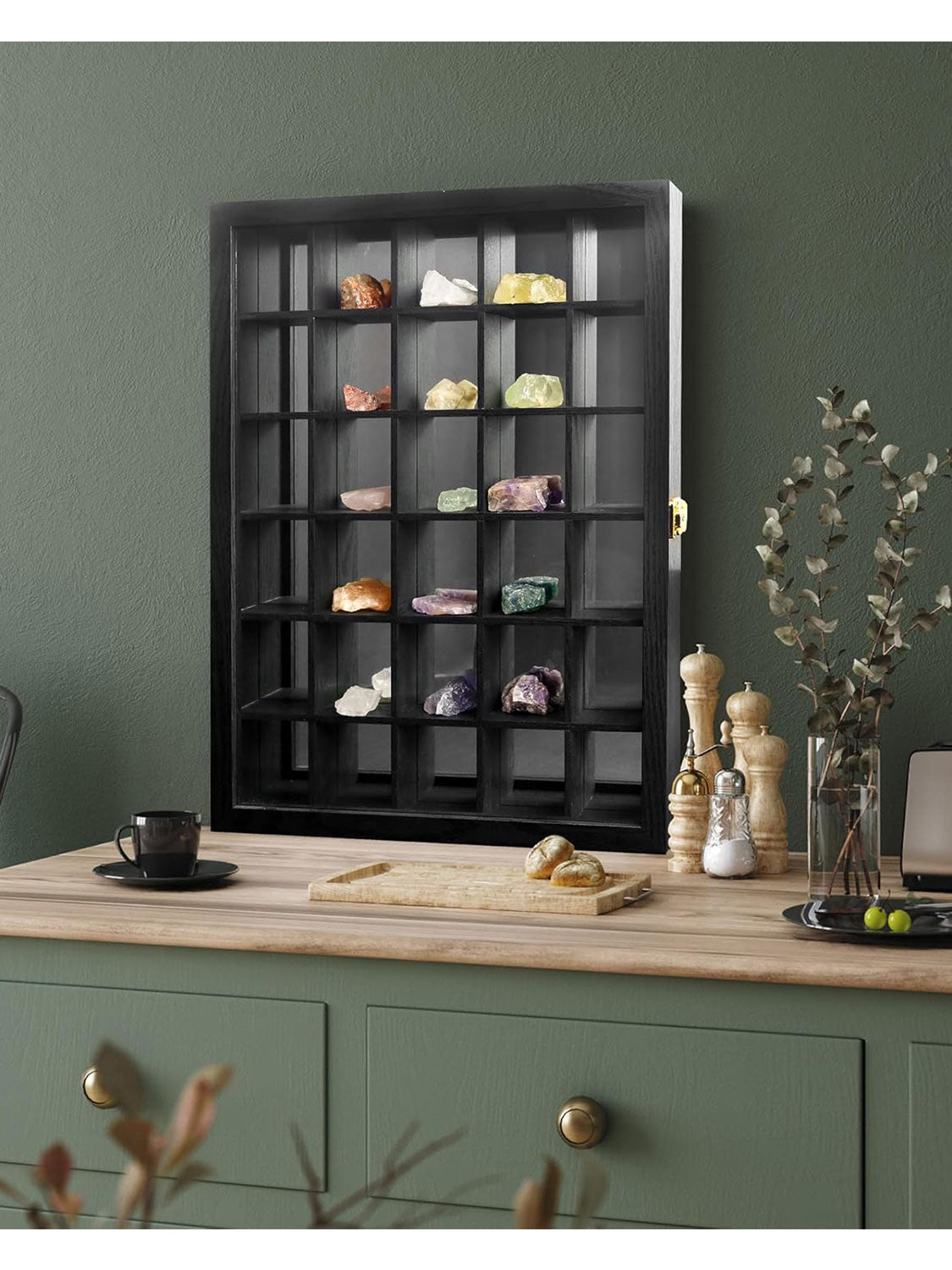 15.5*20 Black 30 Slots with Mirror Background Large Wooden Cabinet Rack Holder Wall Mounted Shadow Box