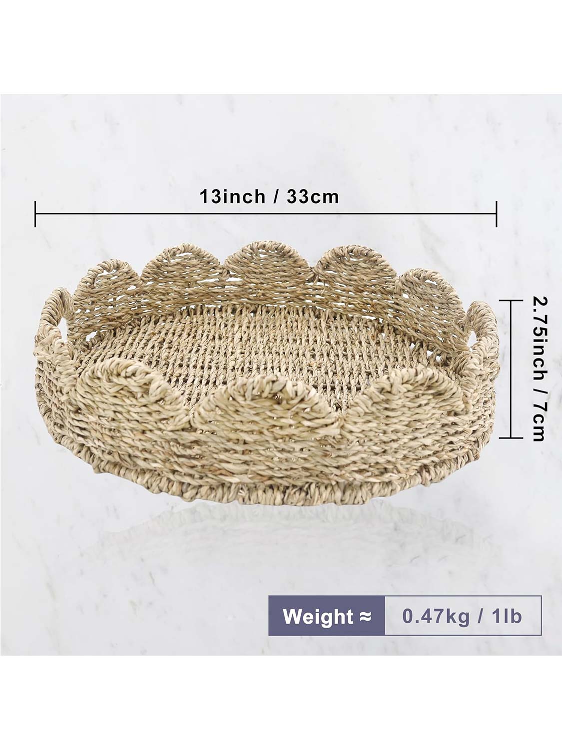 13" Seagrass Rattan Scalloped Edge Round Serving Tray with Built-in Handles