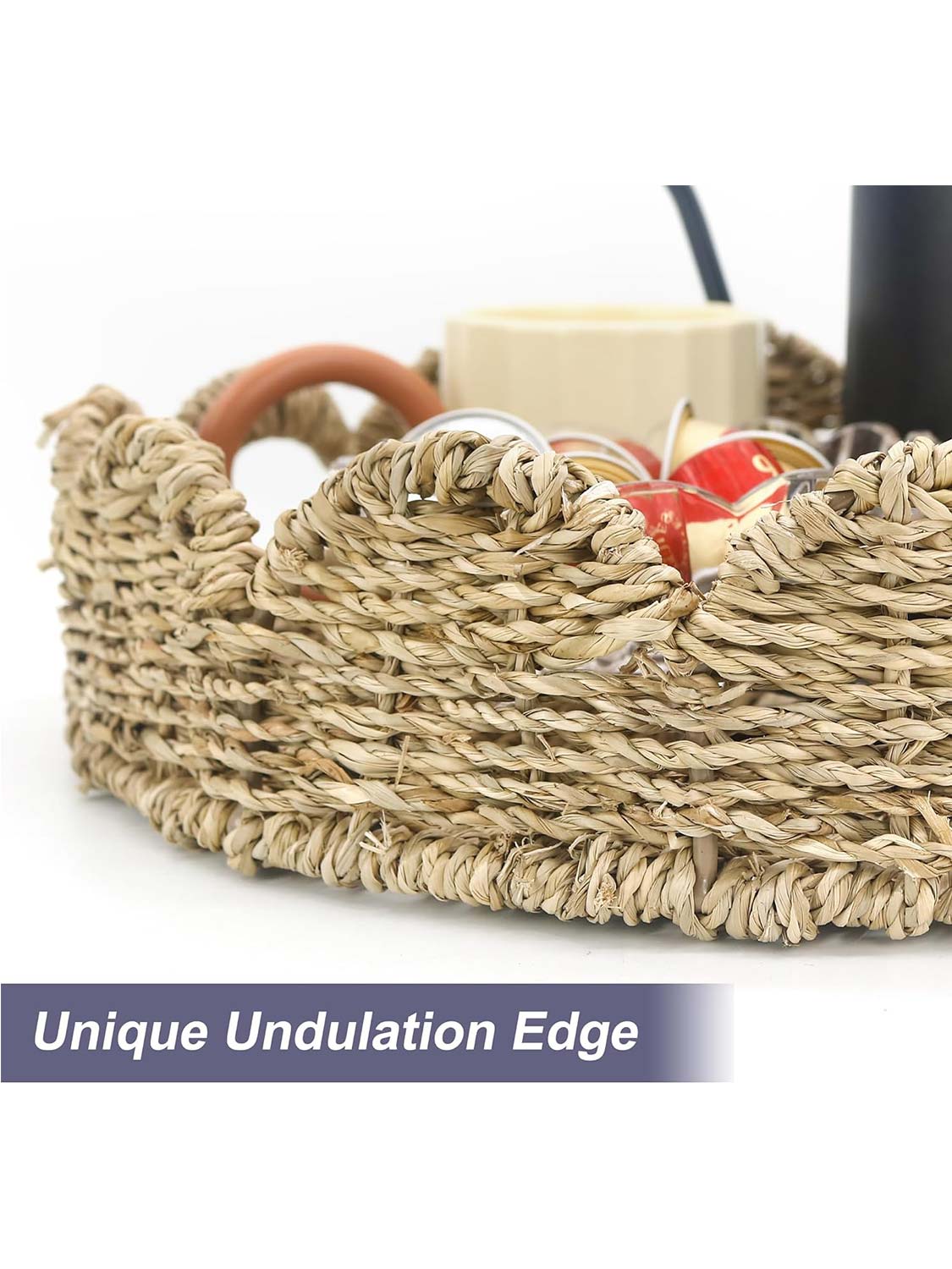 13" Seagrass Rattan Scalloped Edge Round Serving Tray with Built-in Handles
