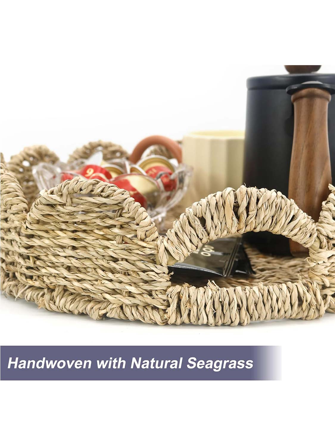 13" Seagrass Rattan Scalloped Edge Round Serving Tray with Built-in Handles