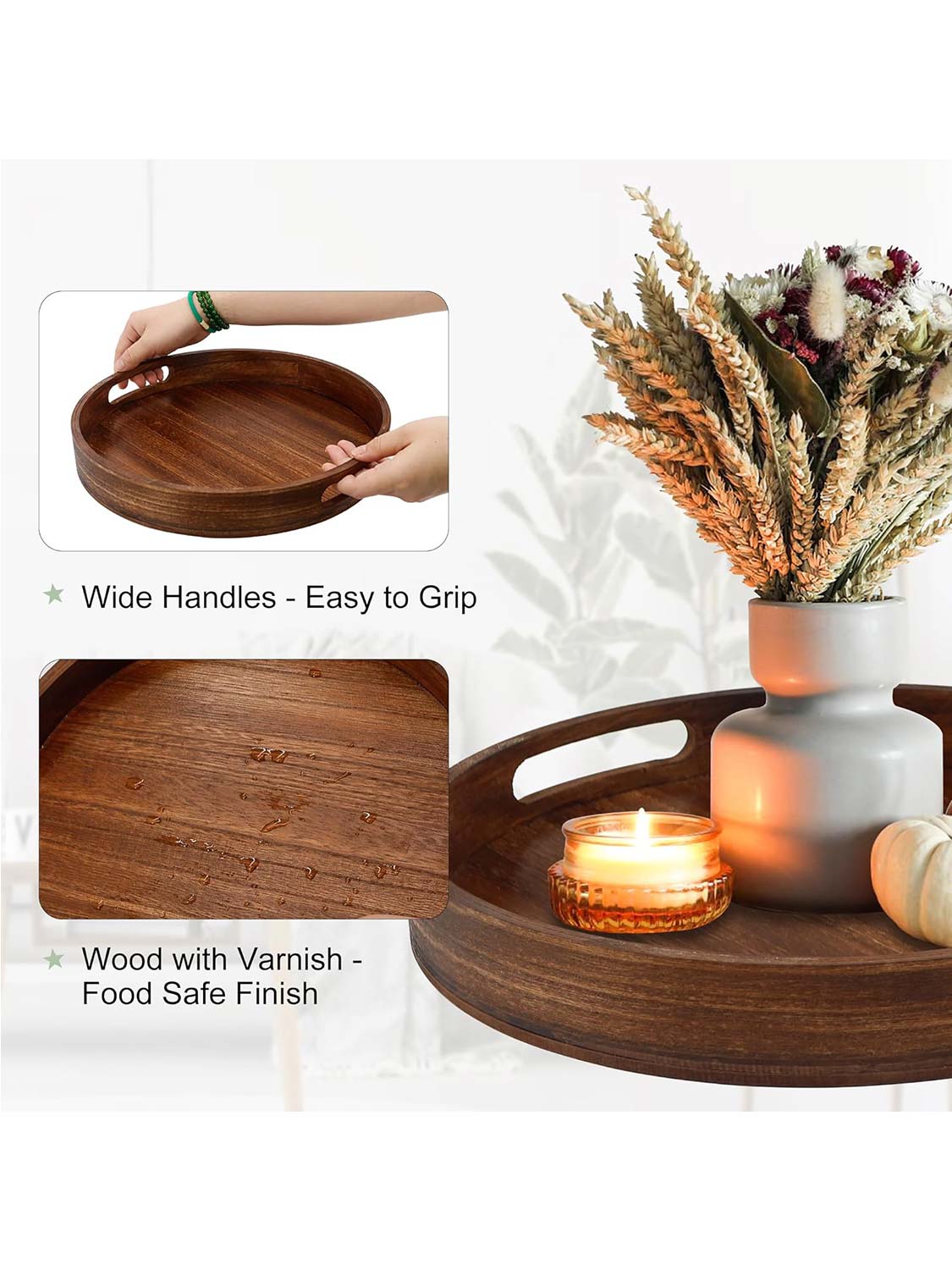 Multi-Functional Large Round Wooden Table Trays - Various Colors and Sizes Available