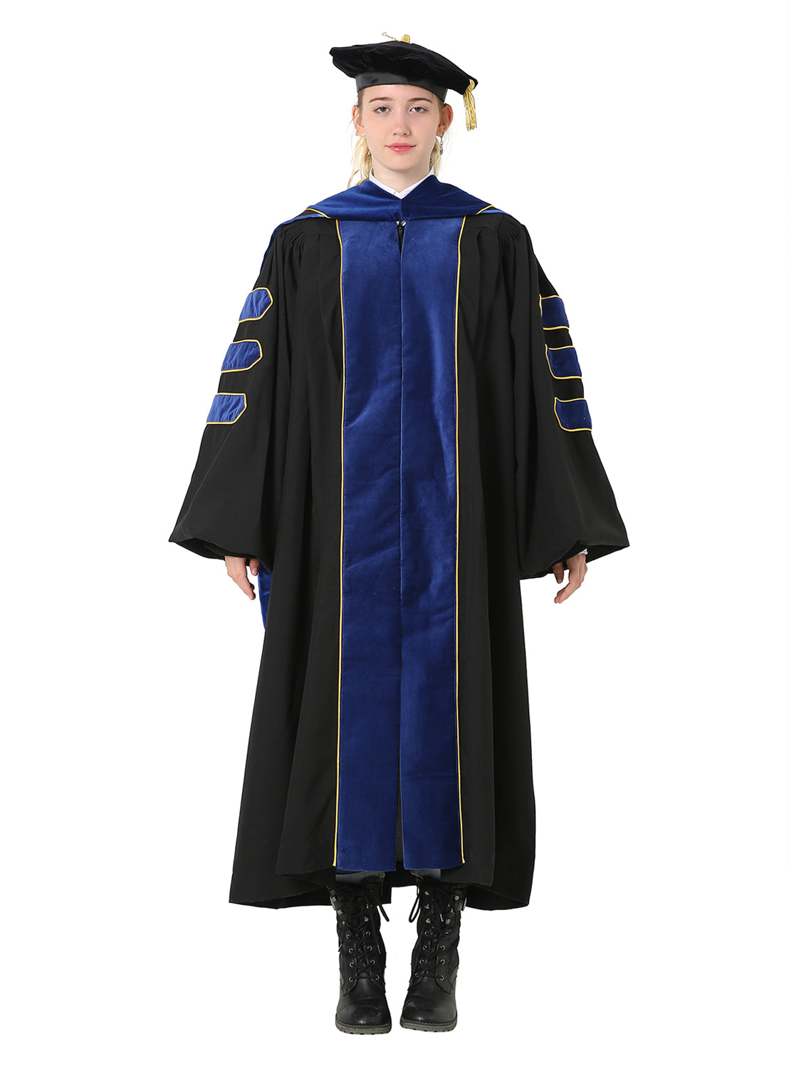 Deluxe Doctoral Cap, Gown and Hood Set - Trimed with Blue Velvet and Gold Piping