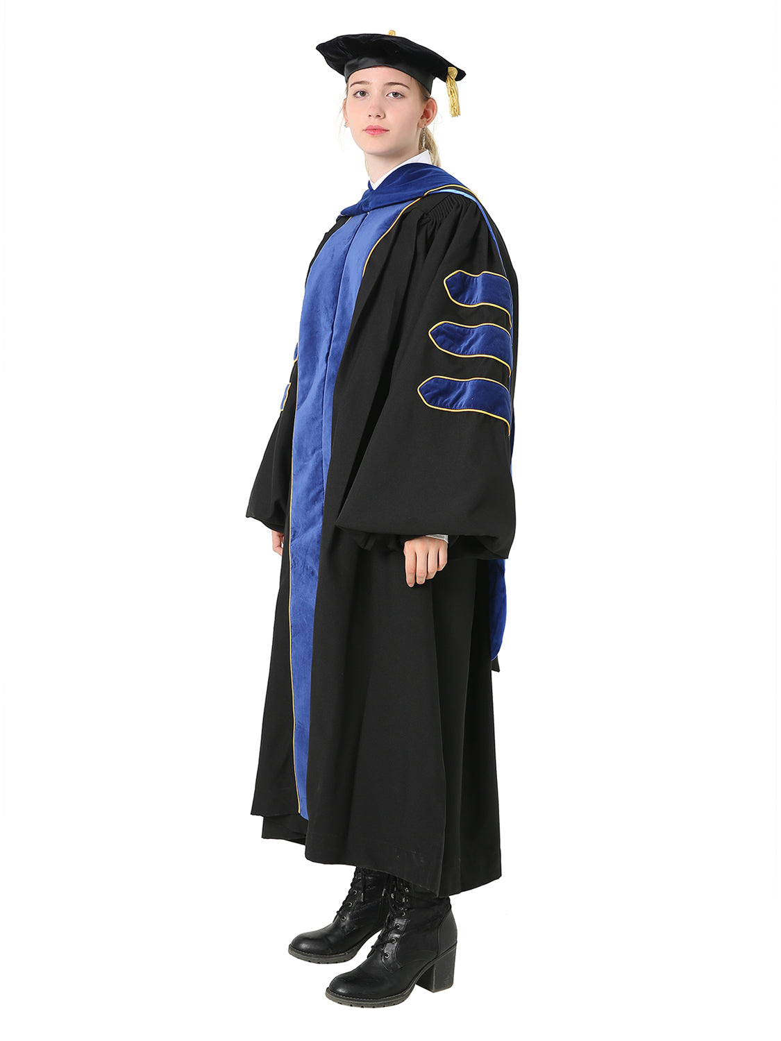 Deluxe Doctoral Cap, Gown and Hood Set - Trimed with Blue Velvet and Gold Piping