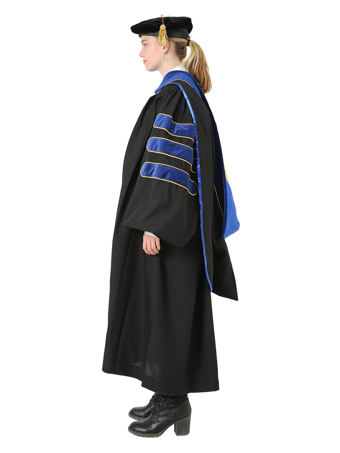 Deluxe Doctoral Cap, Gown and Hood Set - Trimed with Blue Velvet and Gold Piping