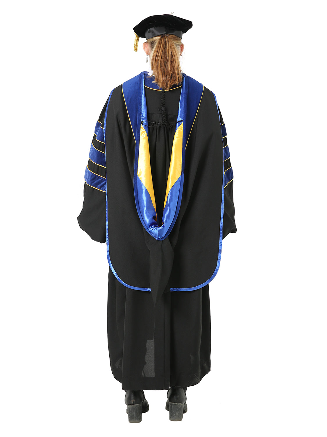 Deluxe Doctoral Cap, Gown and Hood Set - Trimed with Blue Velvet and Gold Piping