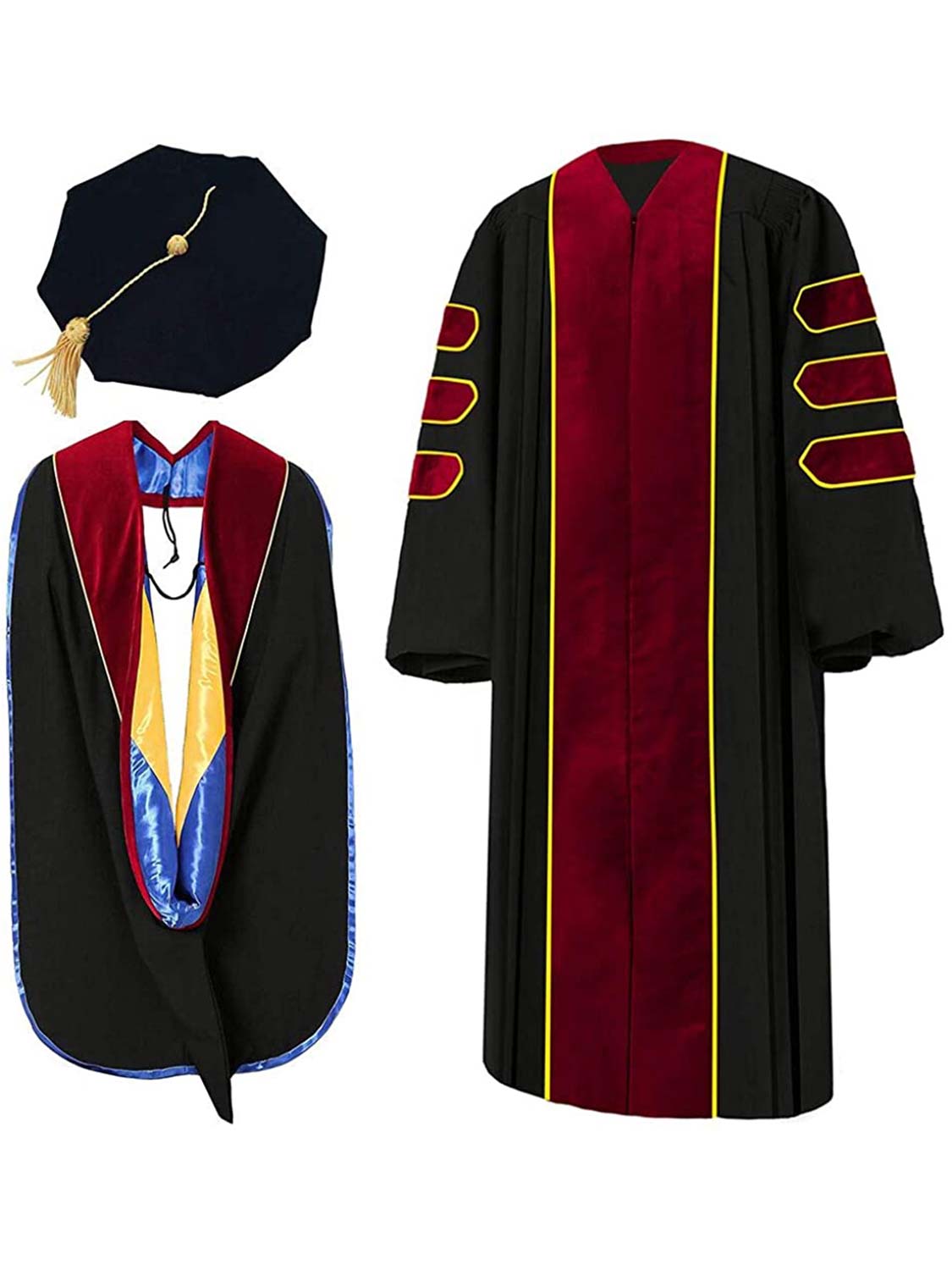 Deluxe Doctoral Cap, Gown and Hood Set - Trimed with Scarlet Velvet and Gold Piping