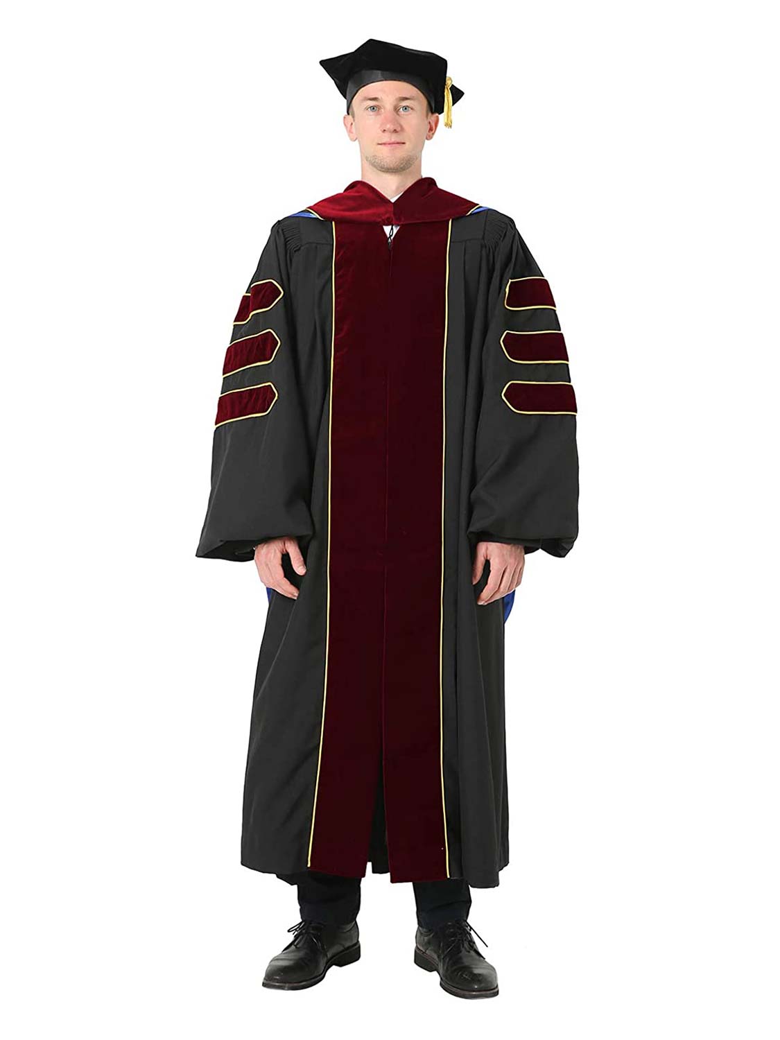 Deluxe Doctoral Cap, Gown and Hood Set - Trimed with Scarlet Velvet and Gold Piping