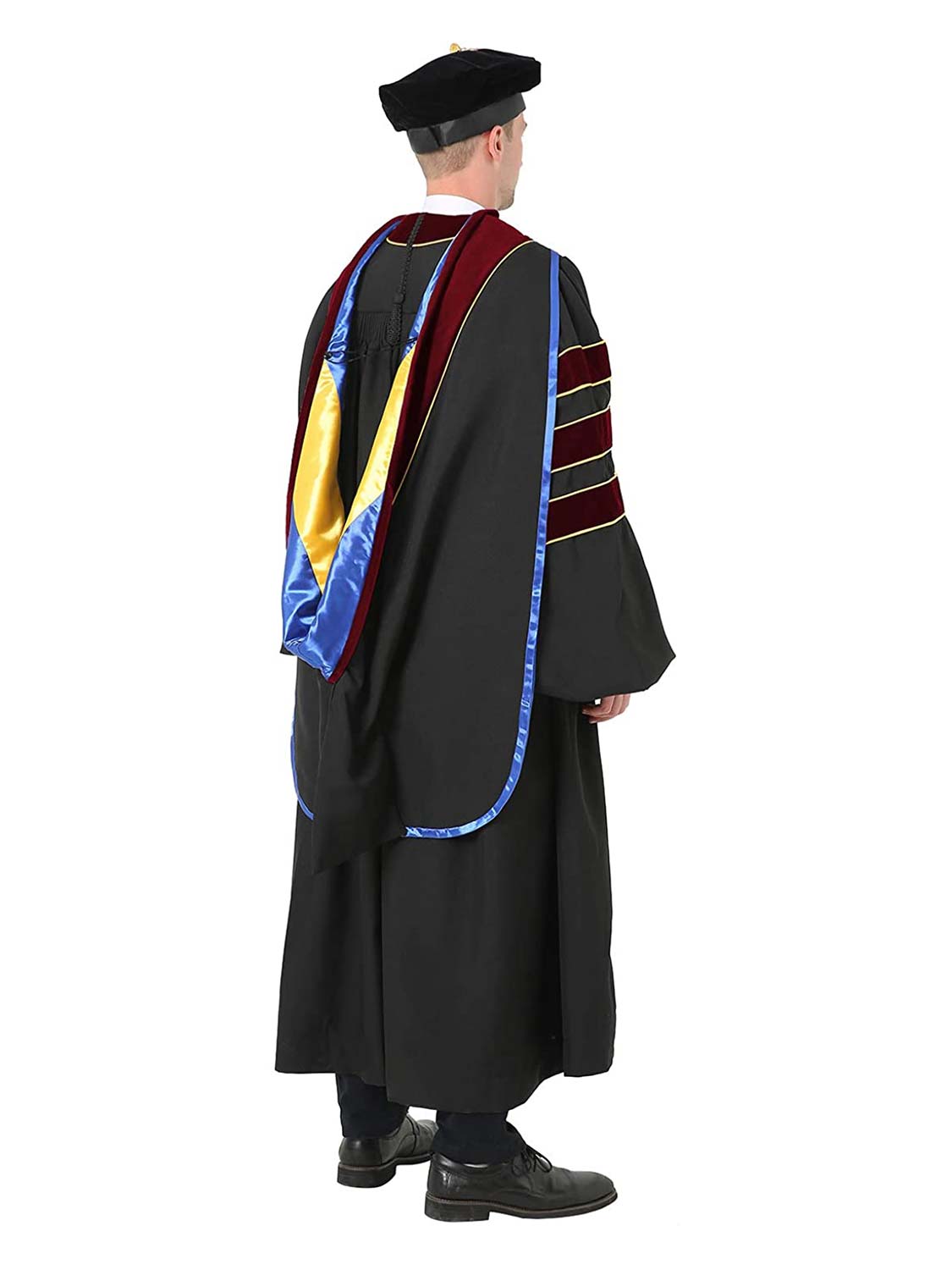 Deluxe Doctoral Cap, Gown and Hood Set - Trimed with Scarlet Velvet and Gold Piping