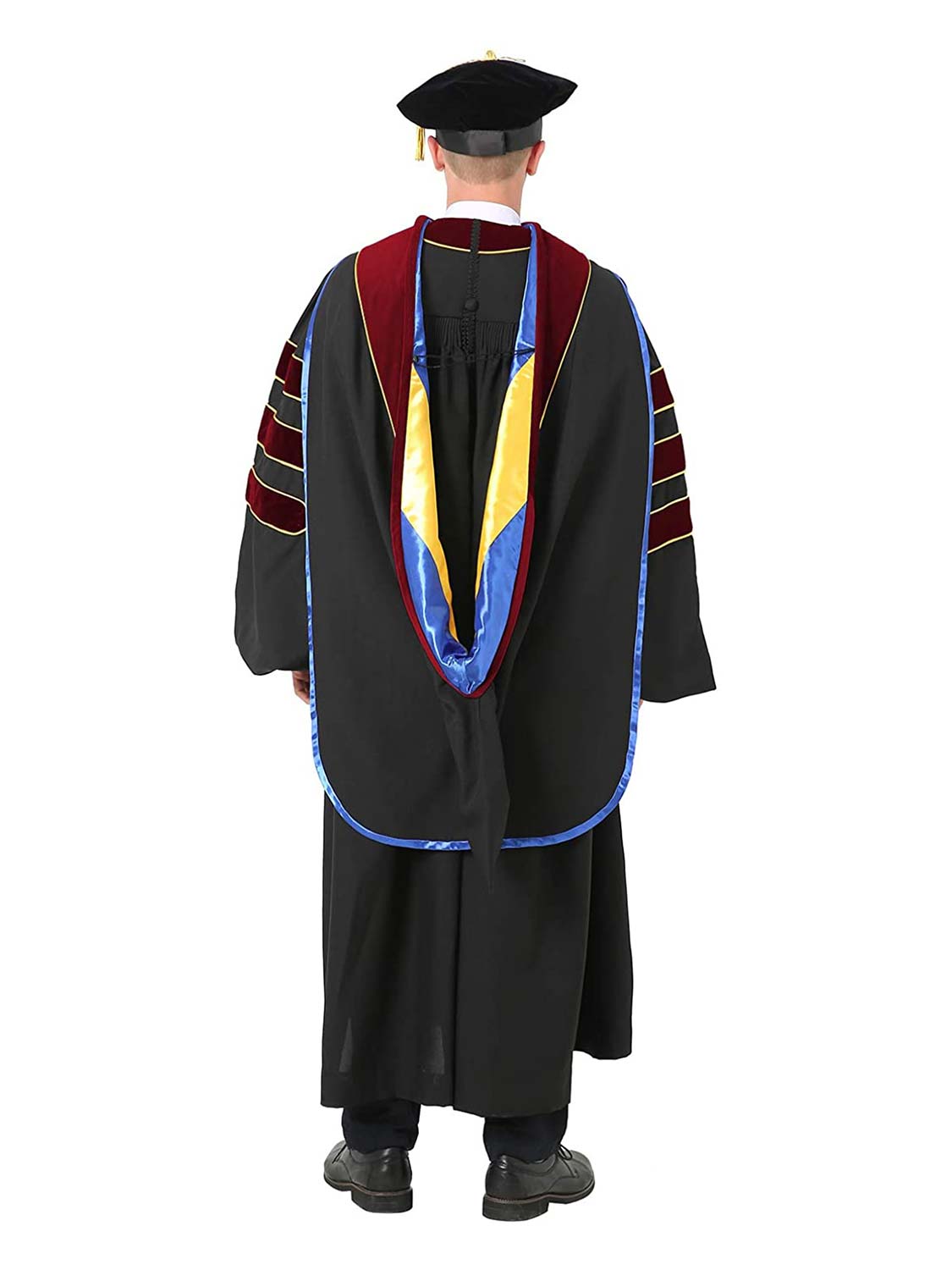 Deluxe Doctoral Cap, Gown and Hood Set - Trimed with Scarlet Velvet and Gold Piping