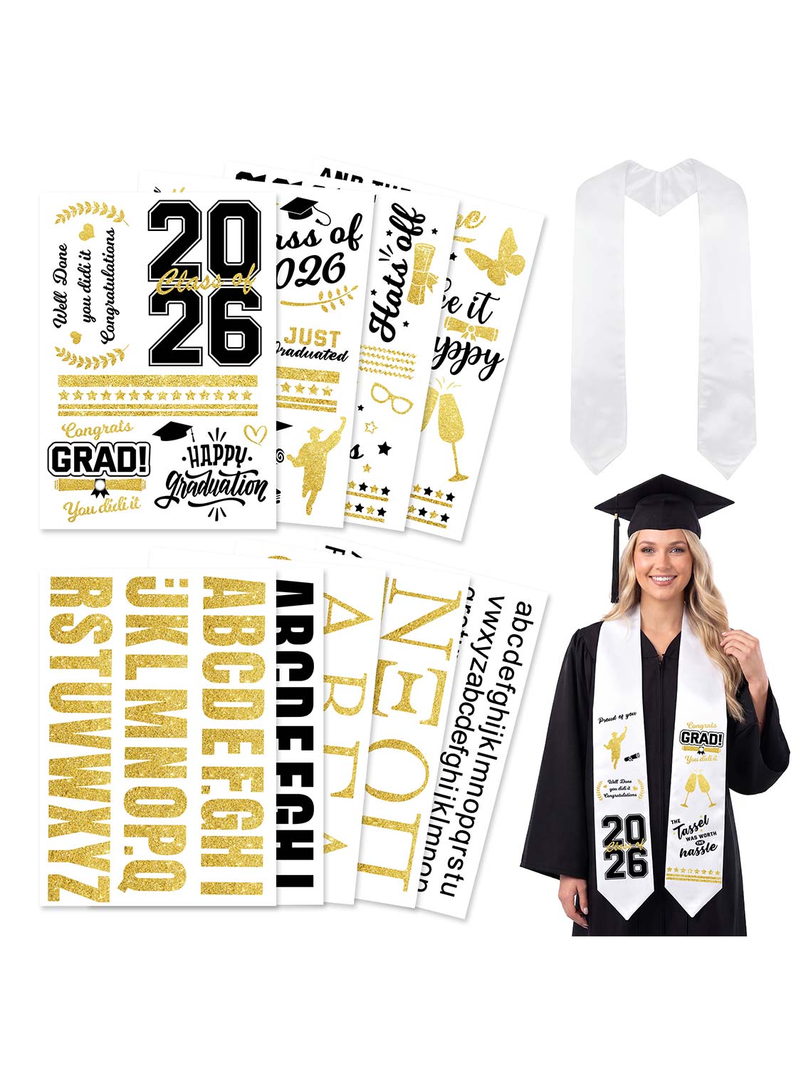 72" Graduation White Stole & Class of 2026 with 9 Sheets Black & Gold Iron-On Heat Transfer Vinyl Stickers Set