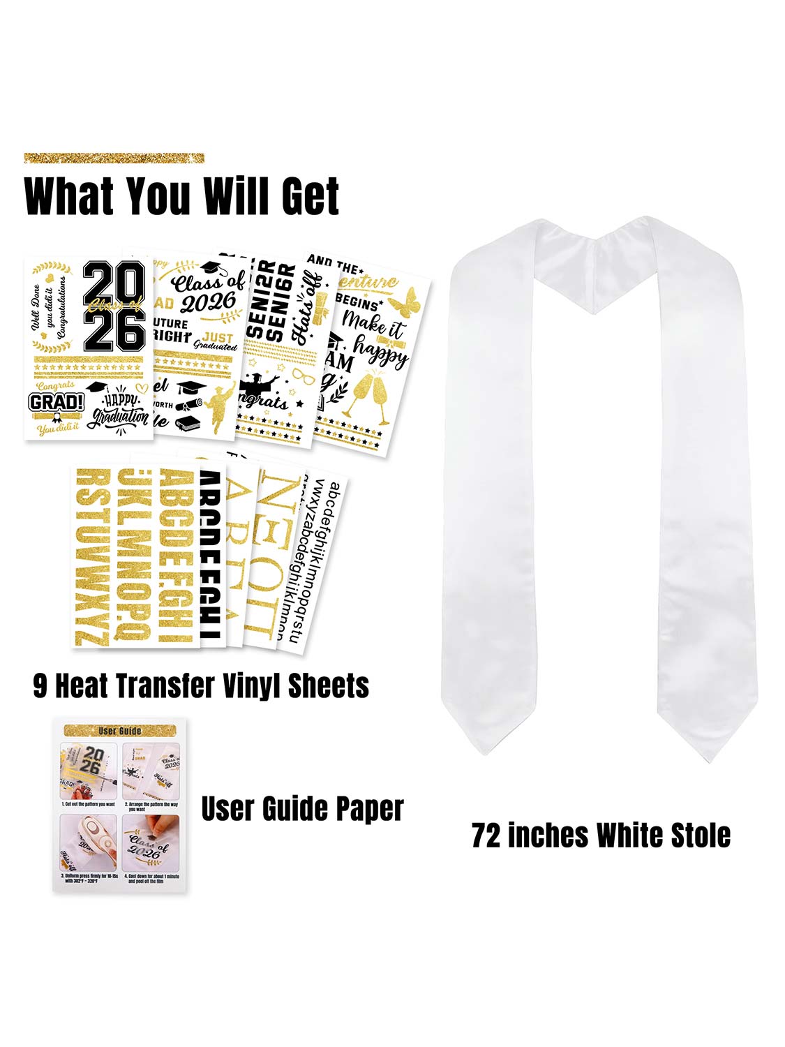 72" Graduation White Stole & Class of 2026 with 9 Sheets Black & Gold Iron-On Heat Transfer Vinyl Stickers Set