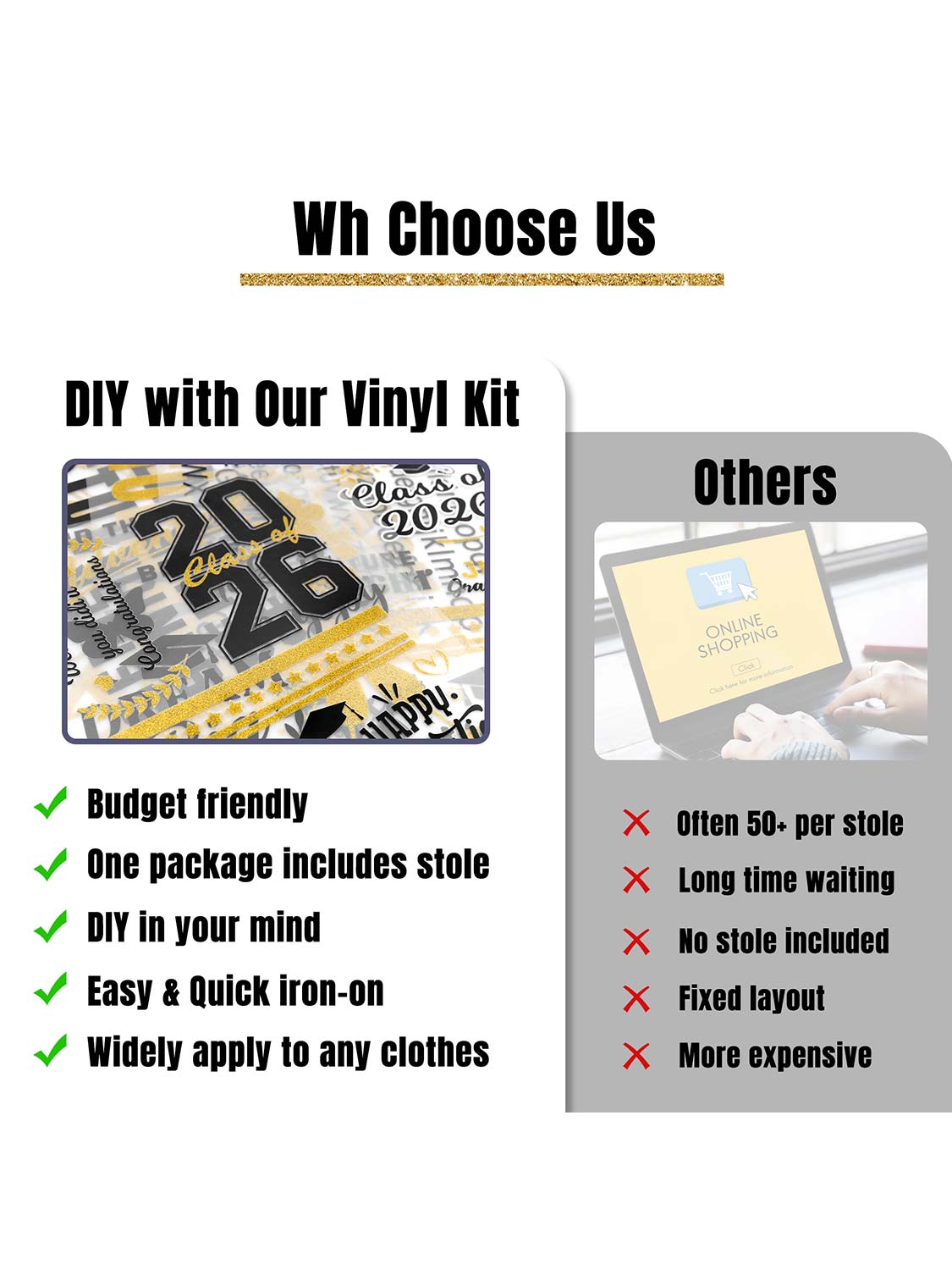 72" Graduation White Stole & Class of 2026 with 9 Sheets Black & Gold Iron-On Heat Transfer Vinyl Stickers Set