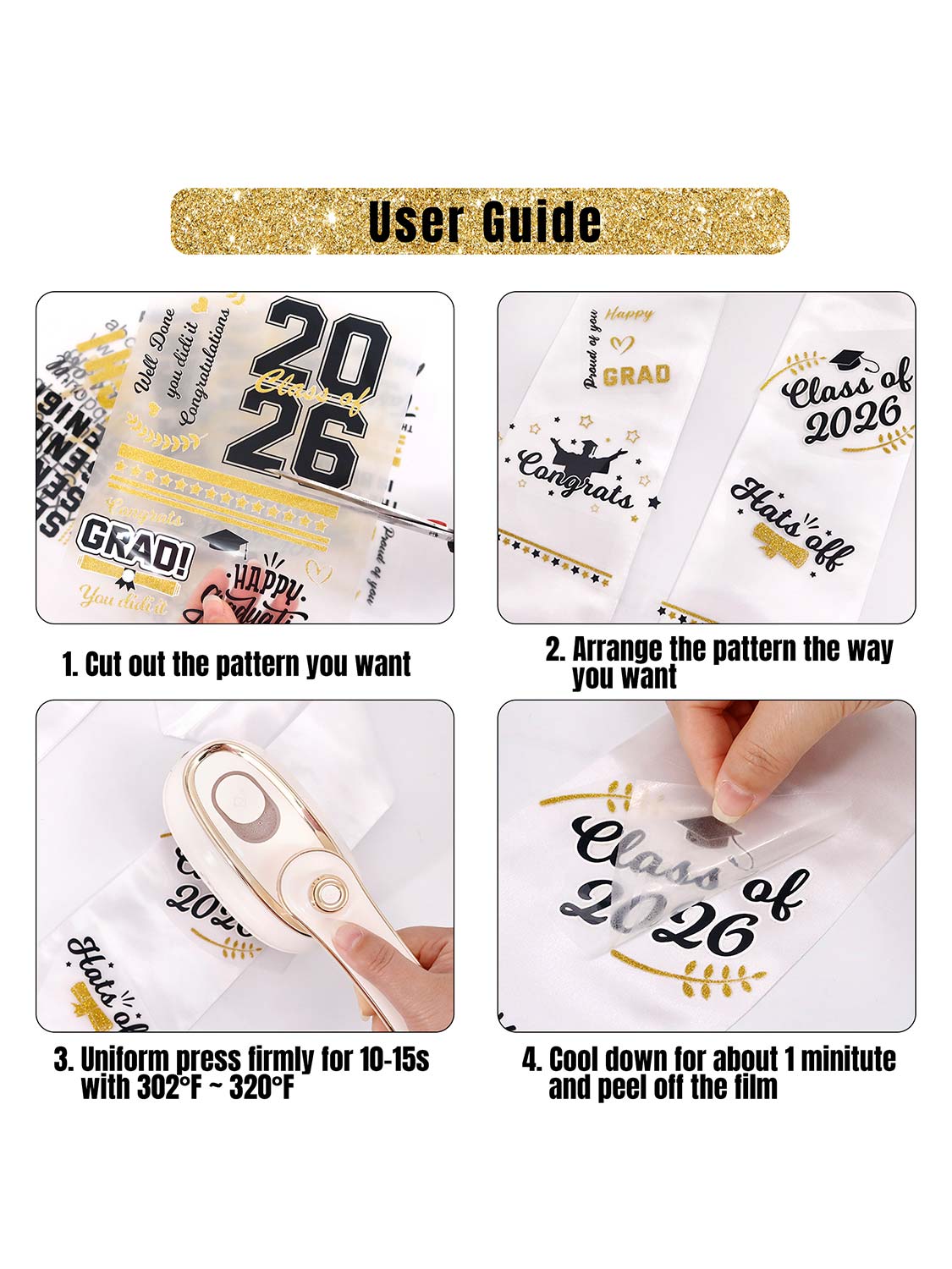 72" Graduation White Stole & Class of 2026 with 9 Sheets Black & Gold Iron-On Heat Transfer Vinyl Stickers Set